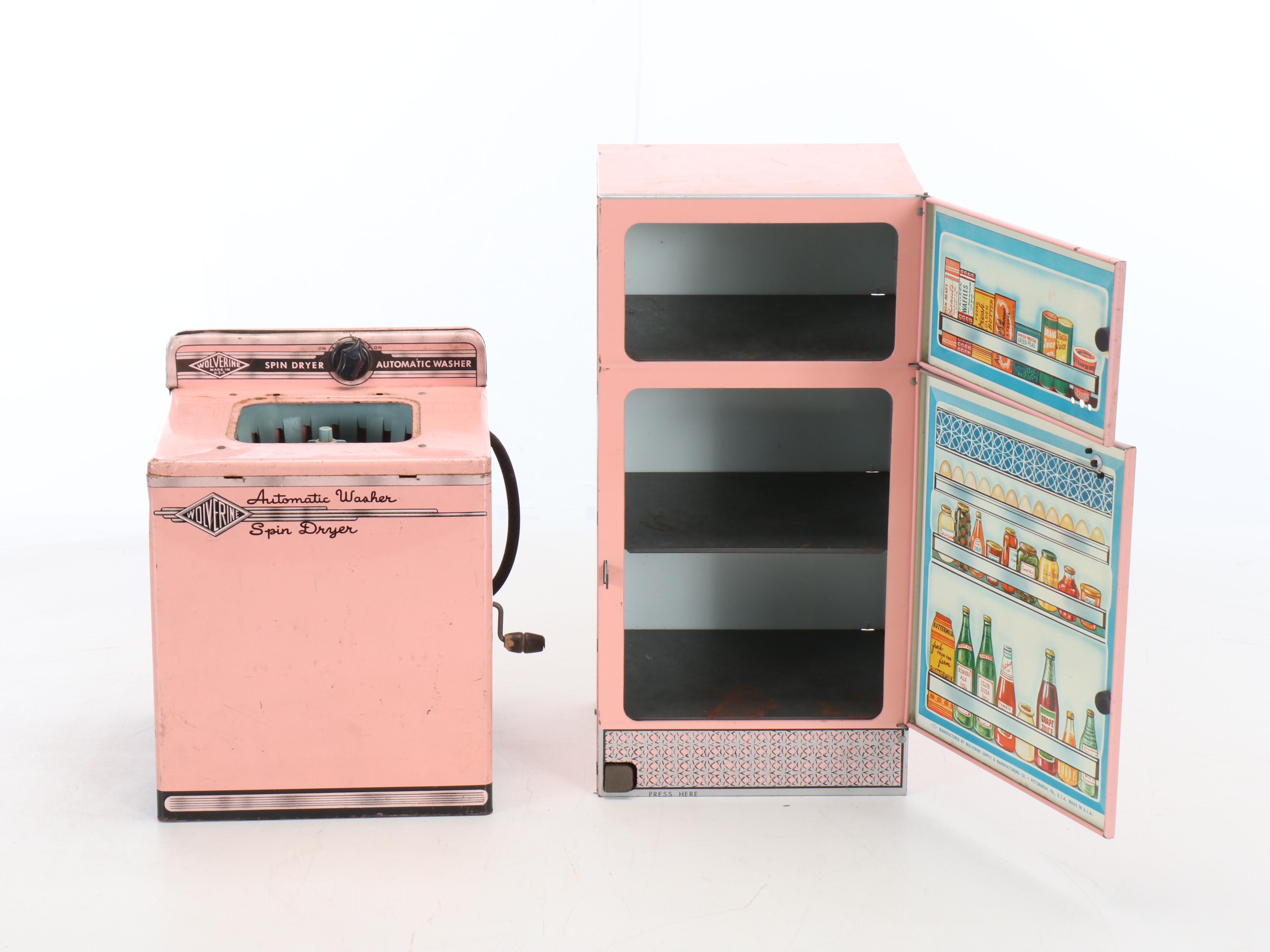 Vintage Pink Tin Appliance Toys with Play Cookware and Plates