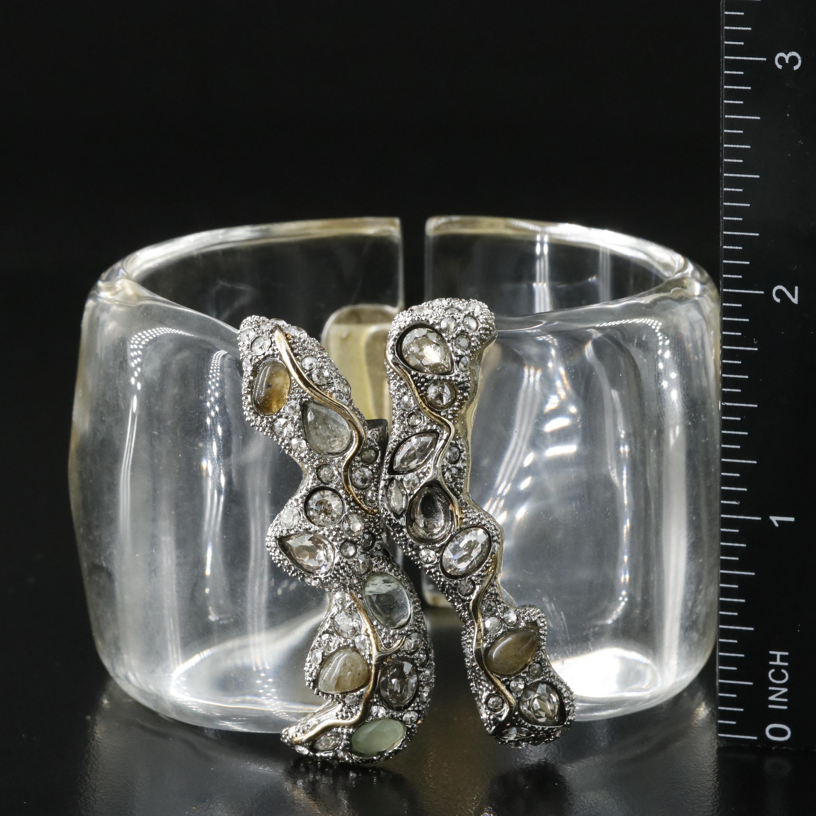 Alexis Bittar Lucite Hinged Cuff Bracelet Including Labradorite and Rhinestones