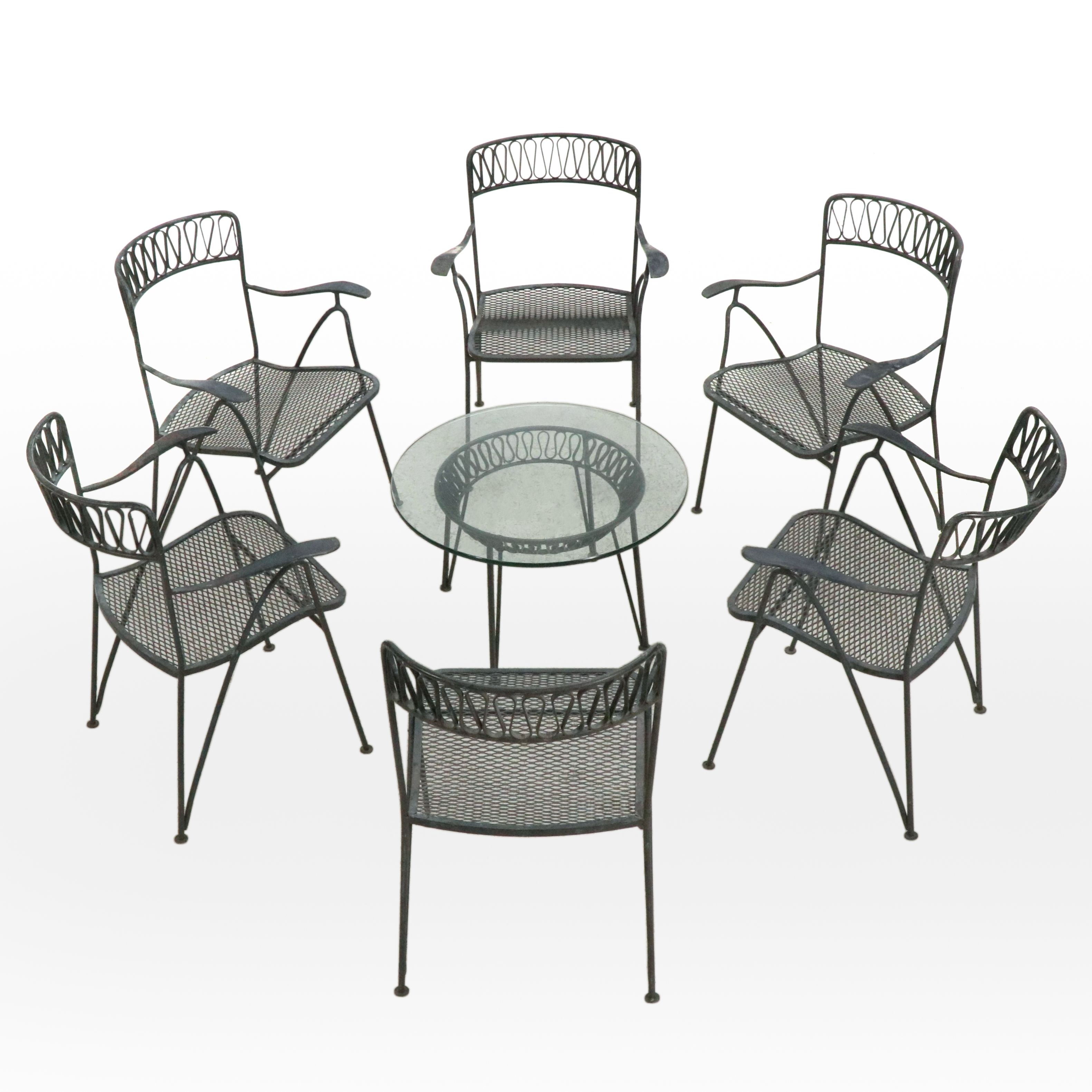 Salterini Style Ribbon-Back Patio Chairs, Set of Six, with Glass Topped Table