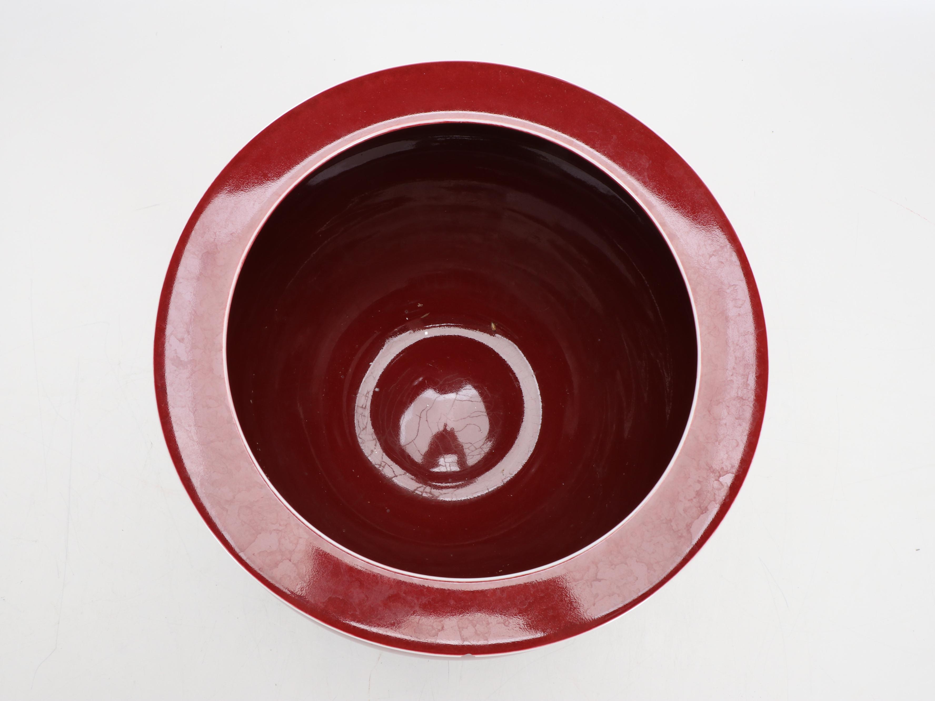 Oxblood Ceramic Fishbowl Planter with Wood Stand