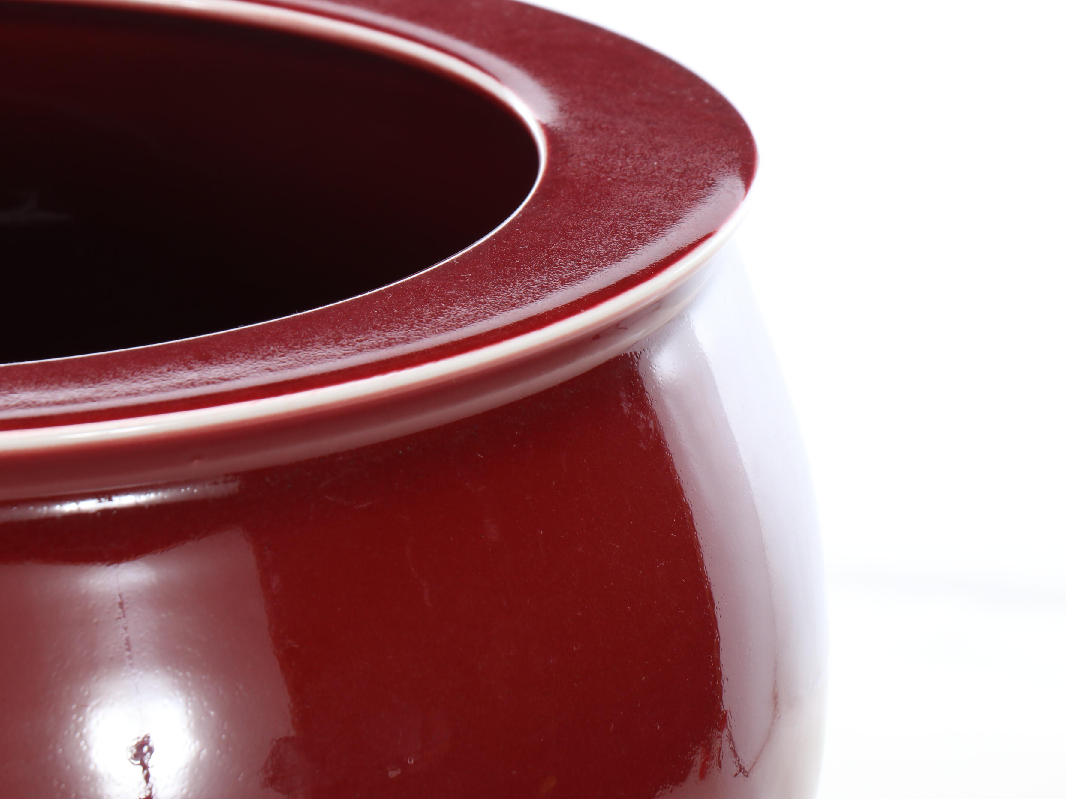 Oxblood Ceramic Fishbowl Planter with Wood Stand