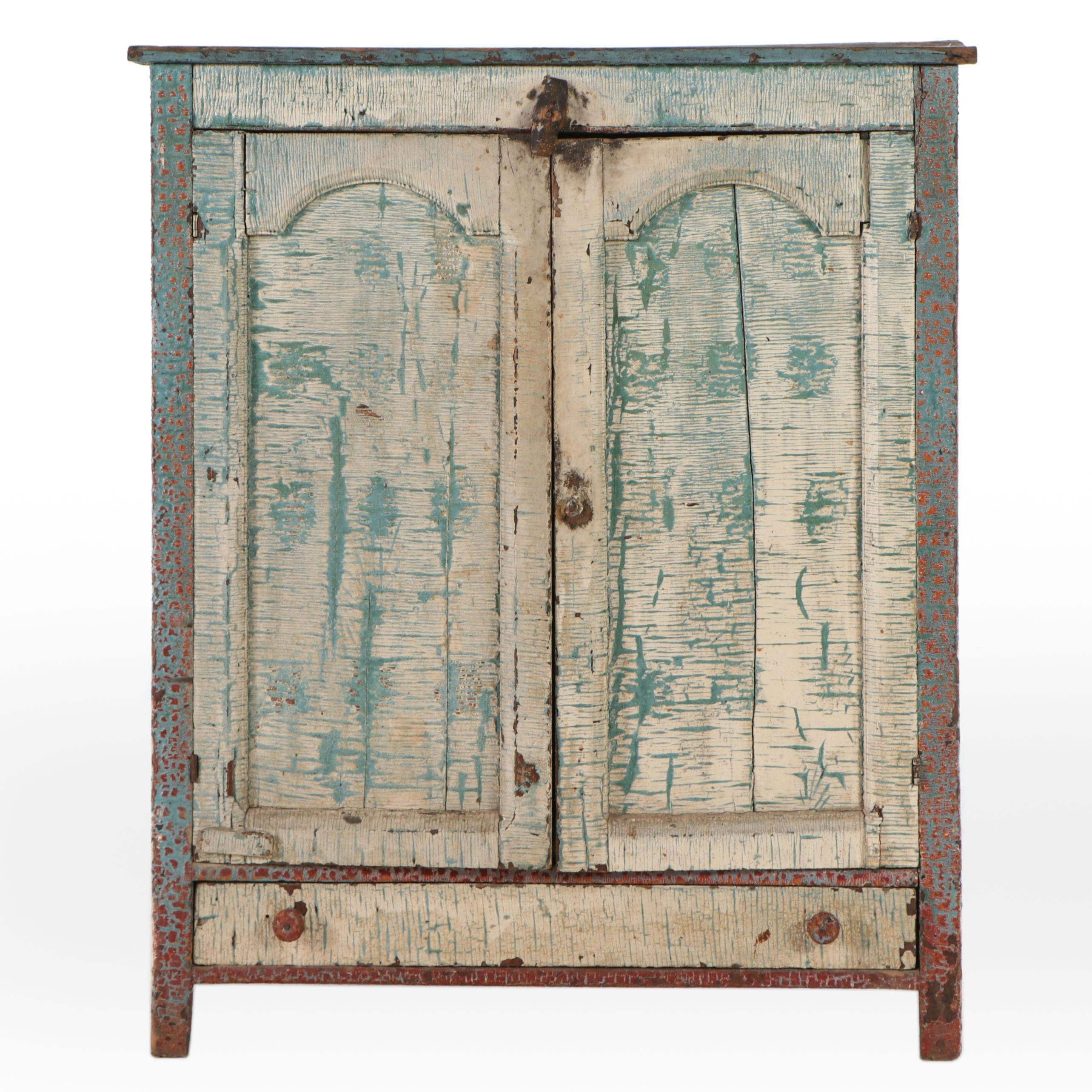 Primitive Style Distressed Finish Painted Wood Cabinet