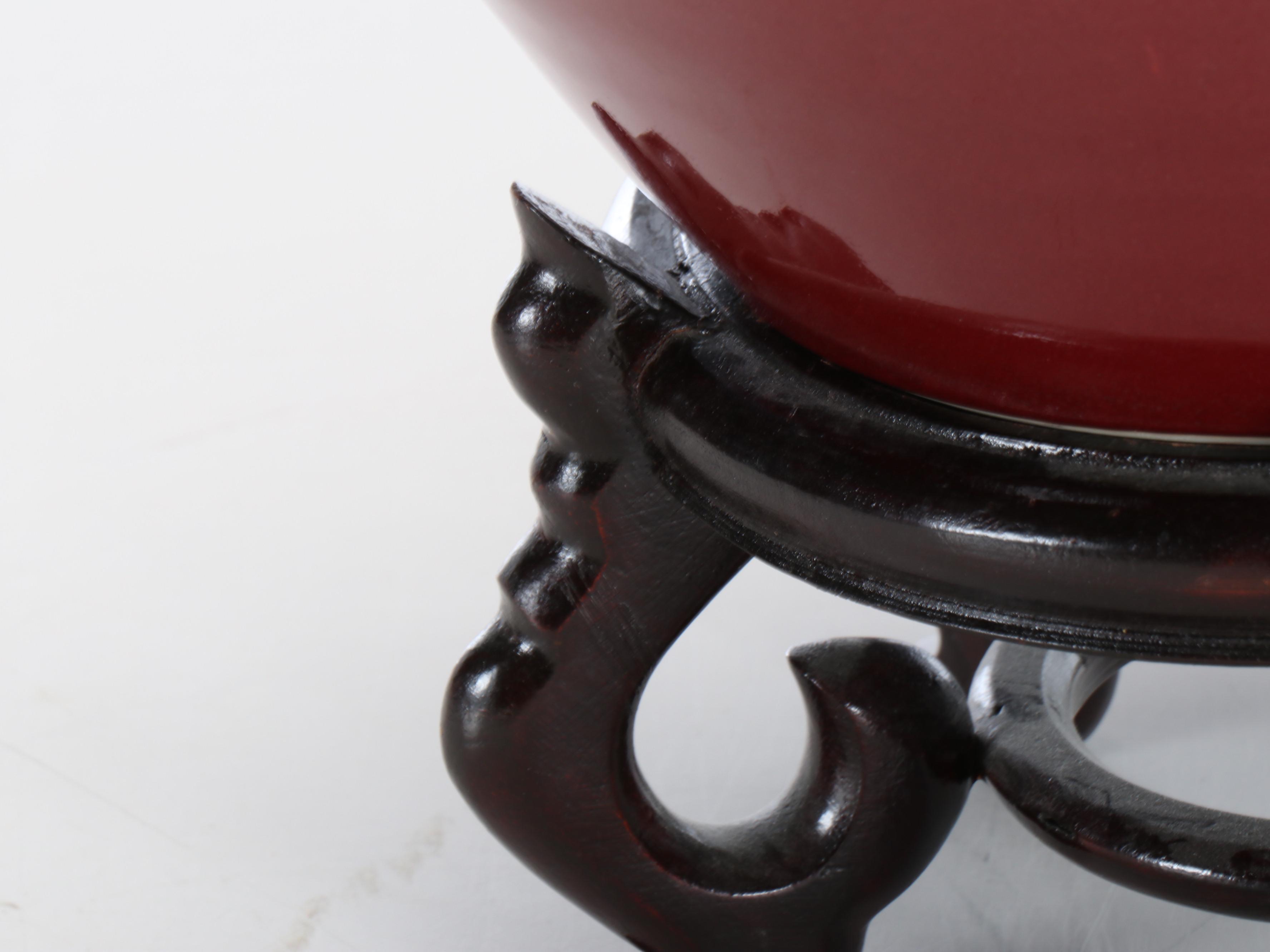 Oxblood Ceramic Fishbowl Planter with Wood Stand