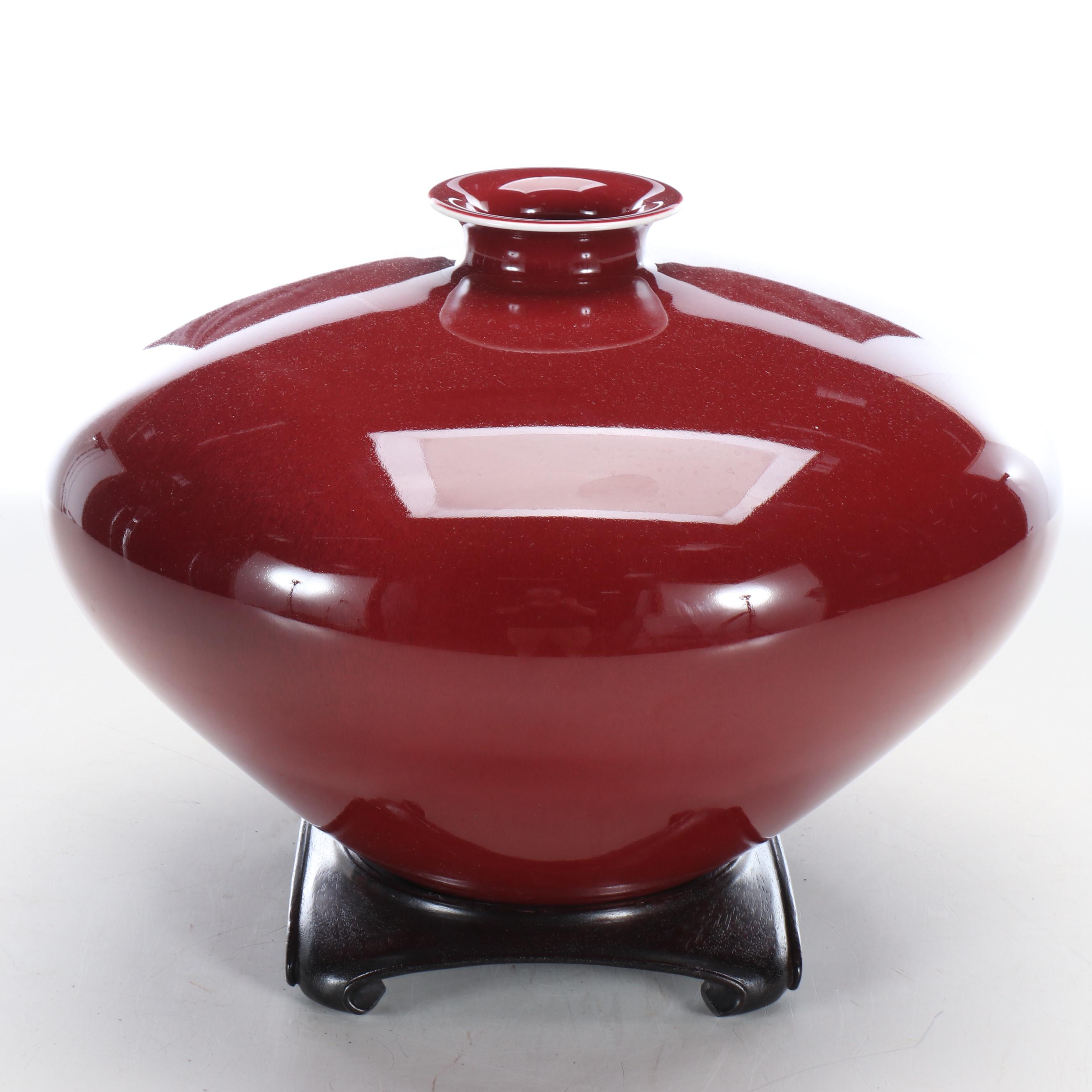 Squat Round Oxblood Ceramic Vase with Wood Stand
