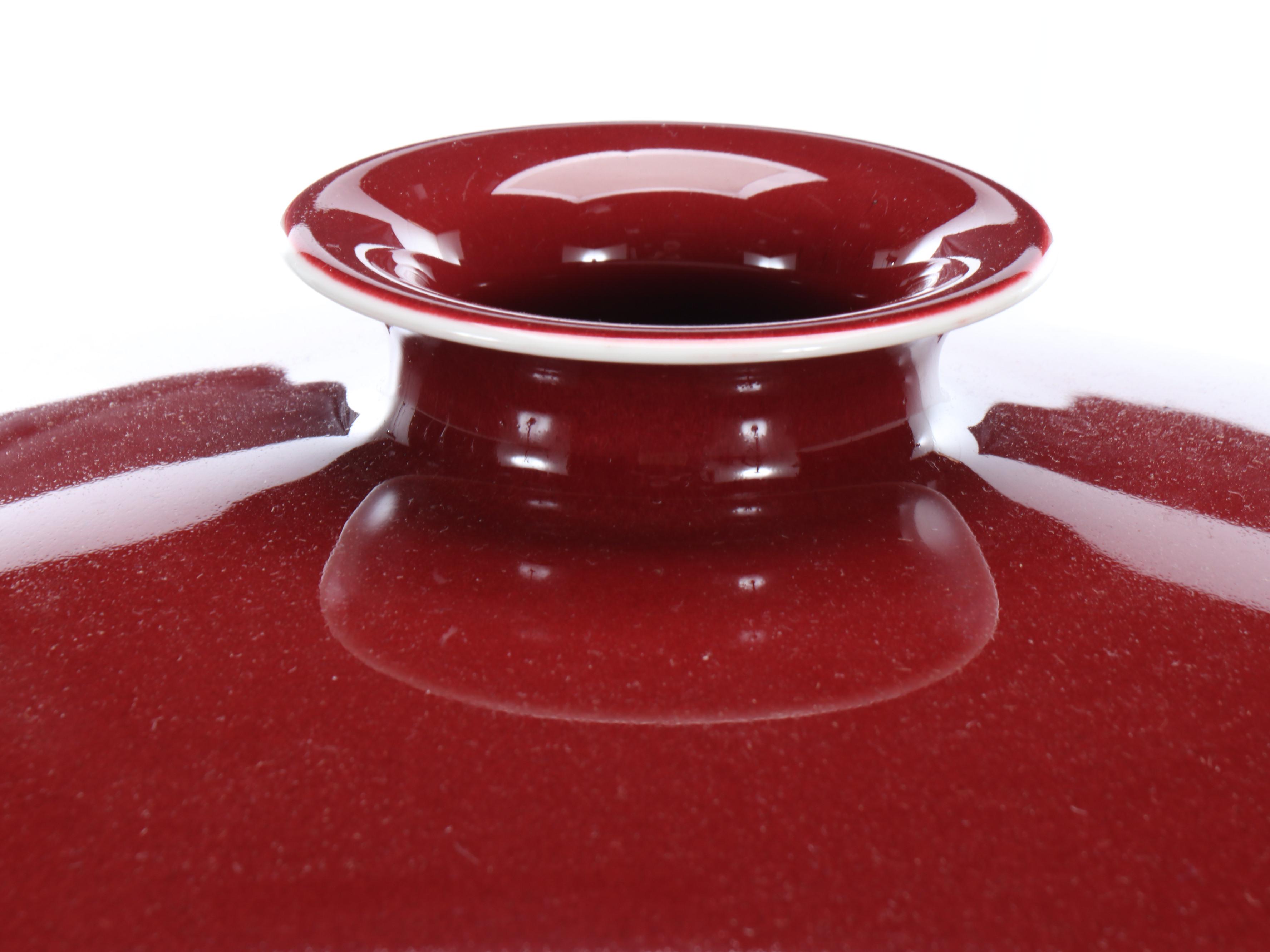 Squat Round Oxblood Ceramic Vase with Wood Stand
