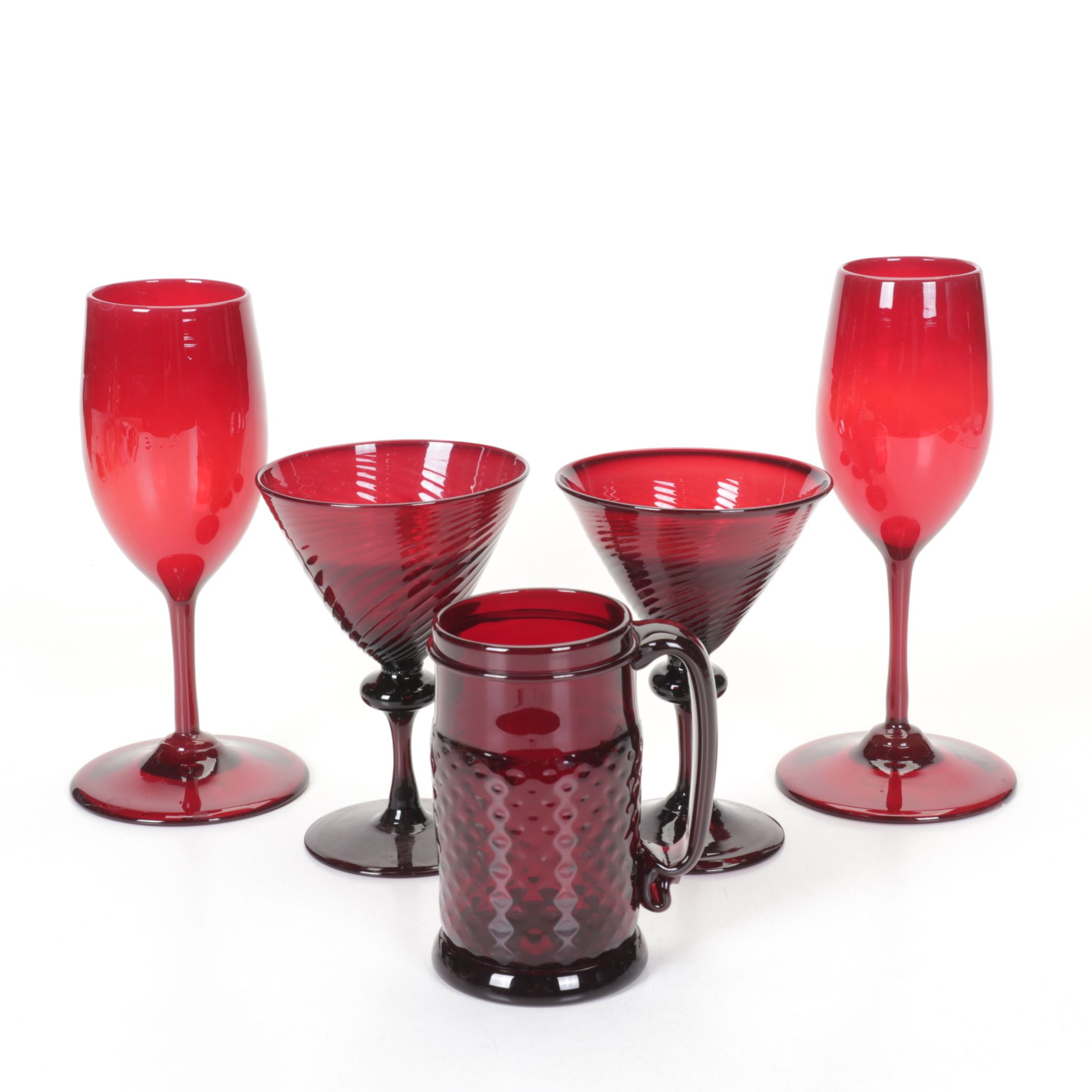 Ruby Red Glass Cocktail Stems, Wine Glasses, and a Beer Stein