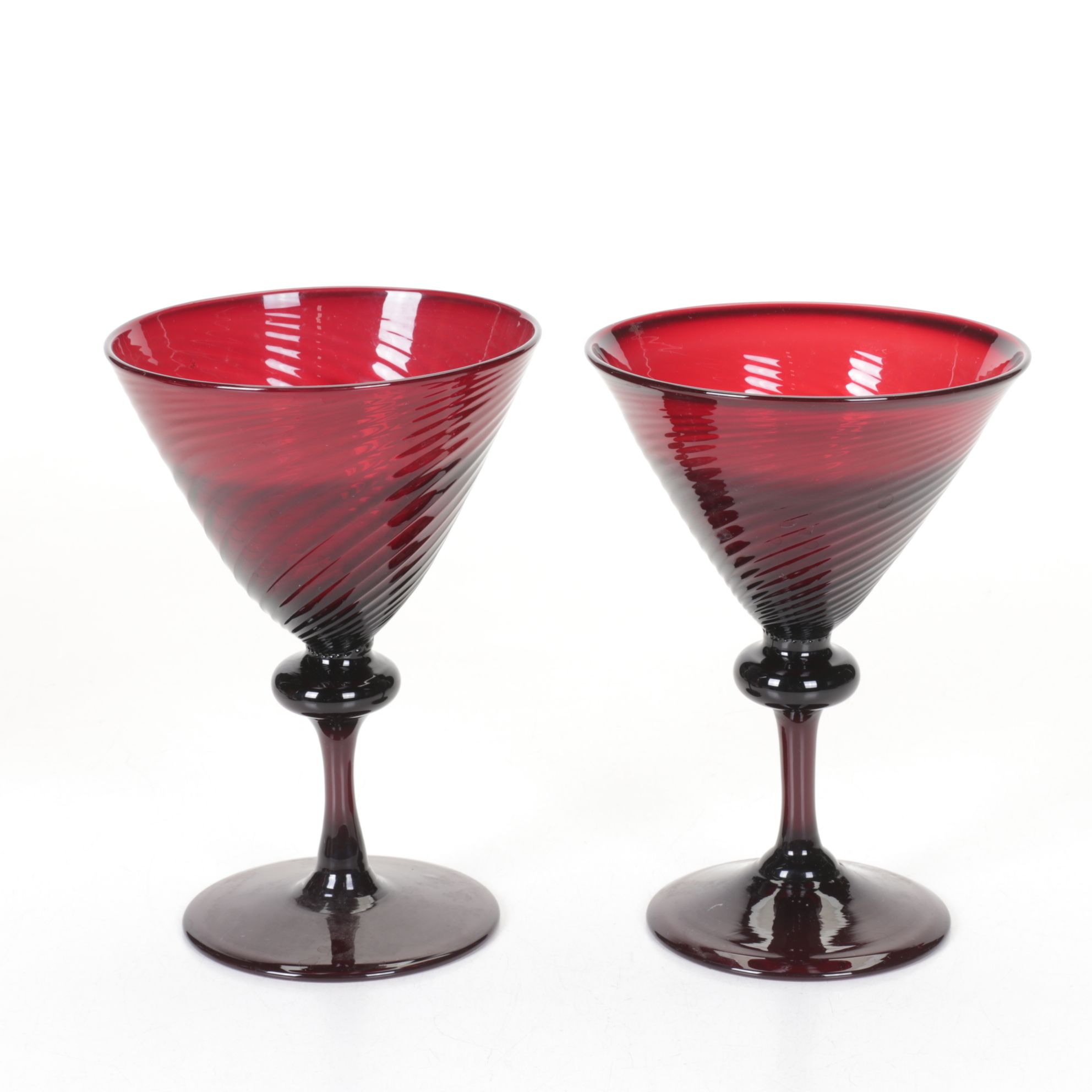 Ruby Red Glass Cocktail Stems, Wine Glasses, and a Beer Stein
