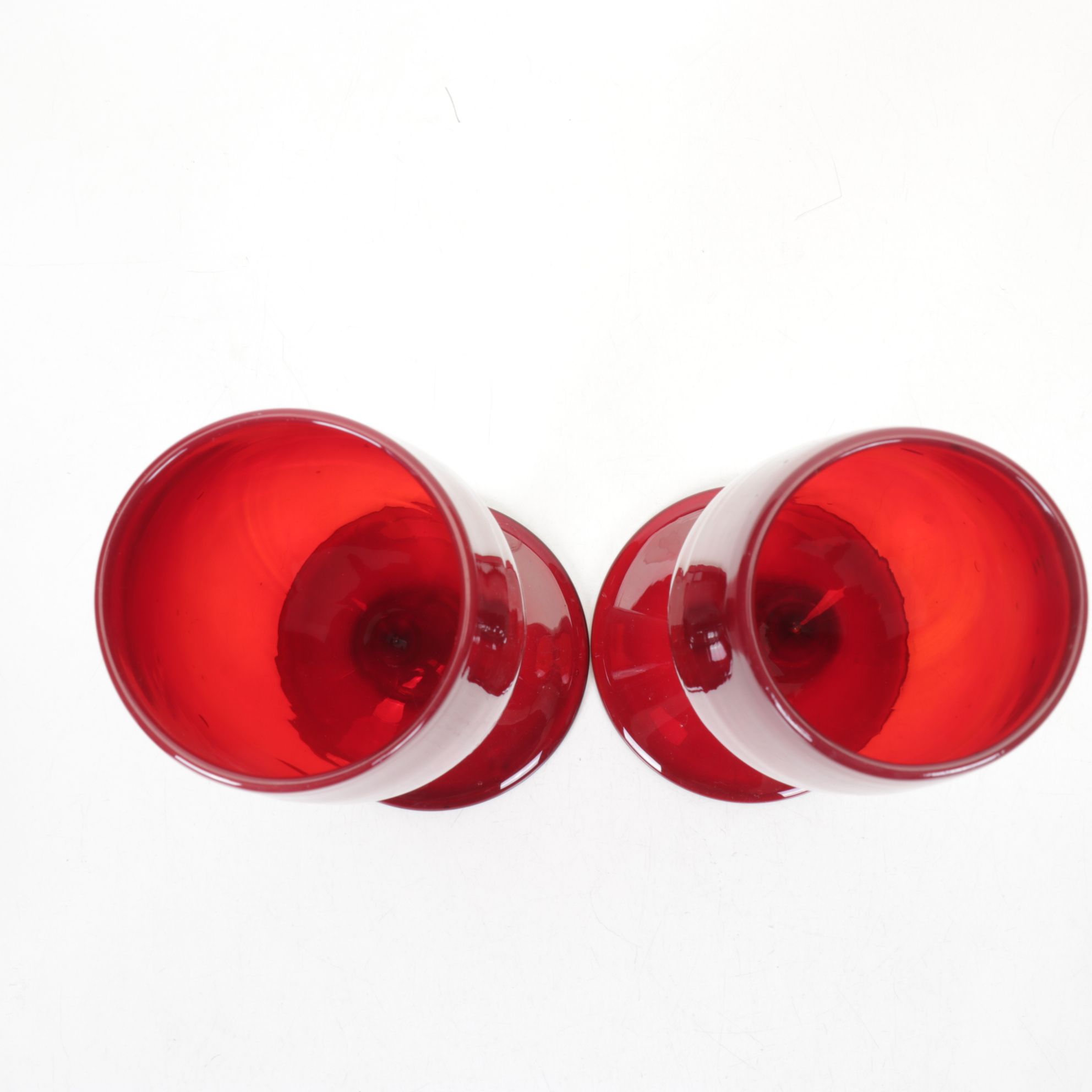 Ruby Red Glass Cocktail Stems, Wine Glasses, and a Beer Stein