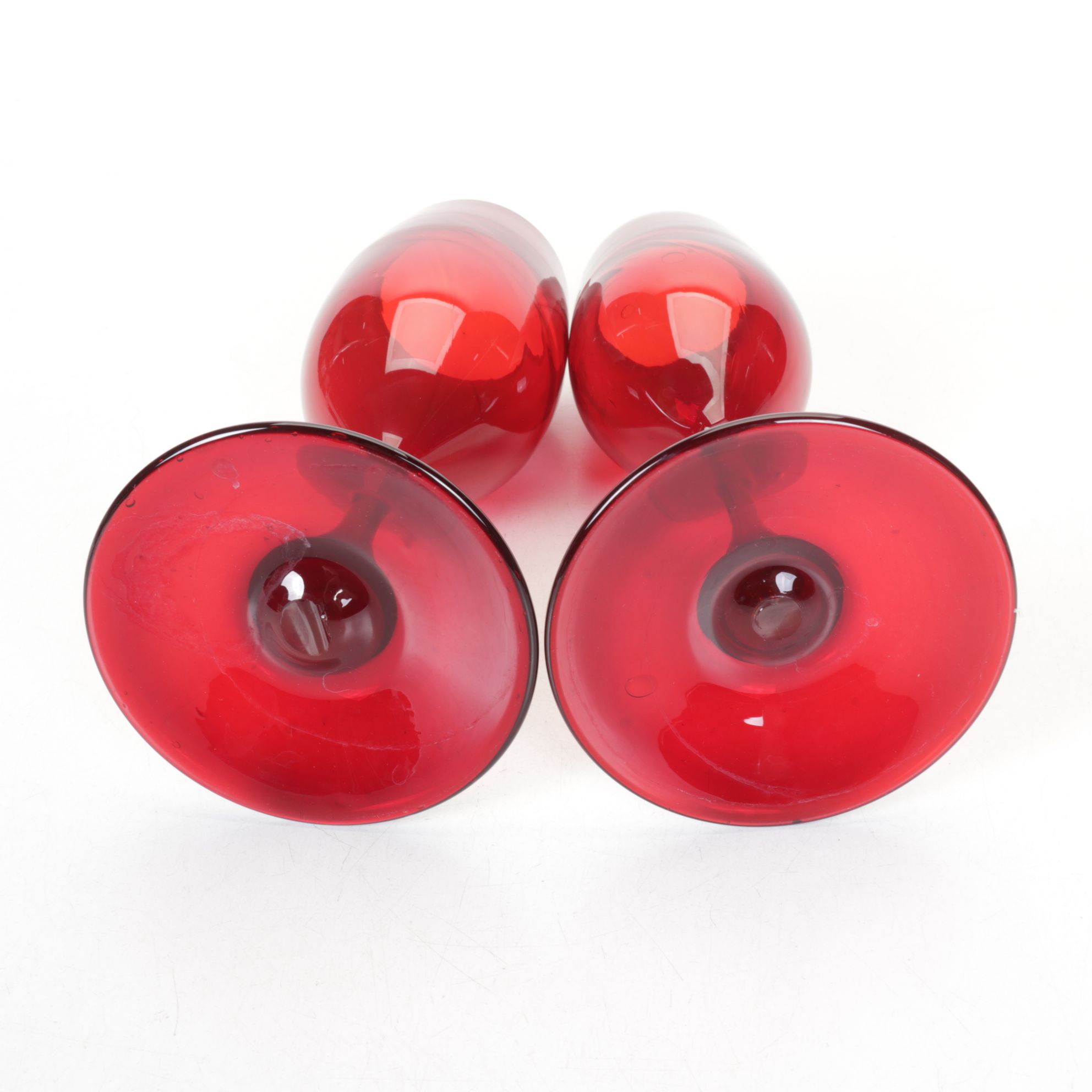 Ruby Red Glass Cocktail Stems, Wine Glasses, and a Beer Stein