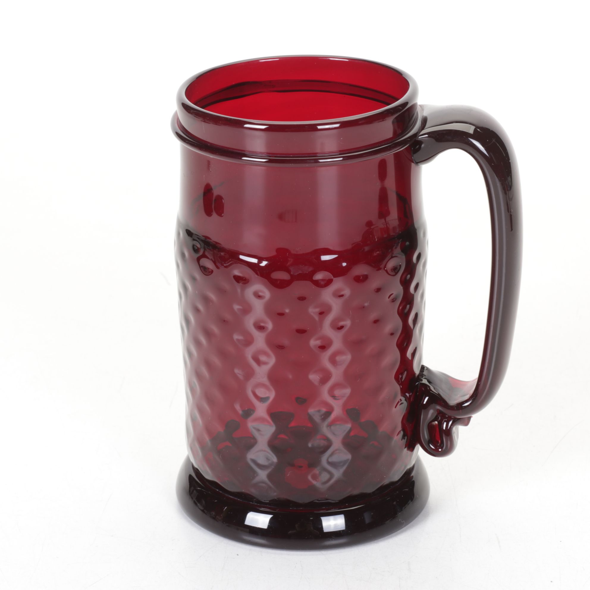 Ruby Red Glass Cocktail Stems, Wine Glasses, and a Beer Stein