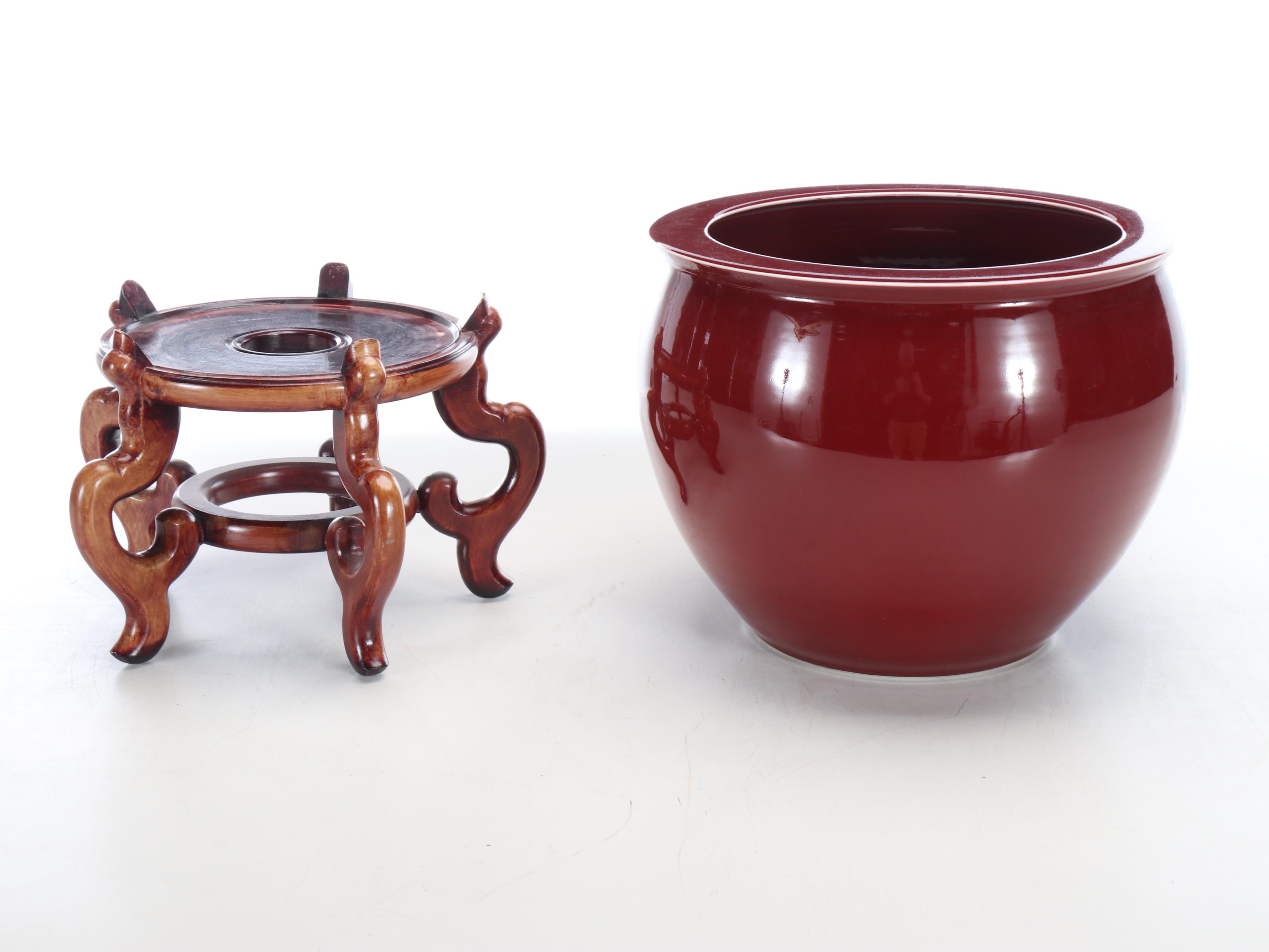 Oxblood Ceramic Fishbowl Planter with Wood Stand
