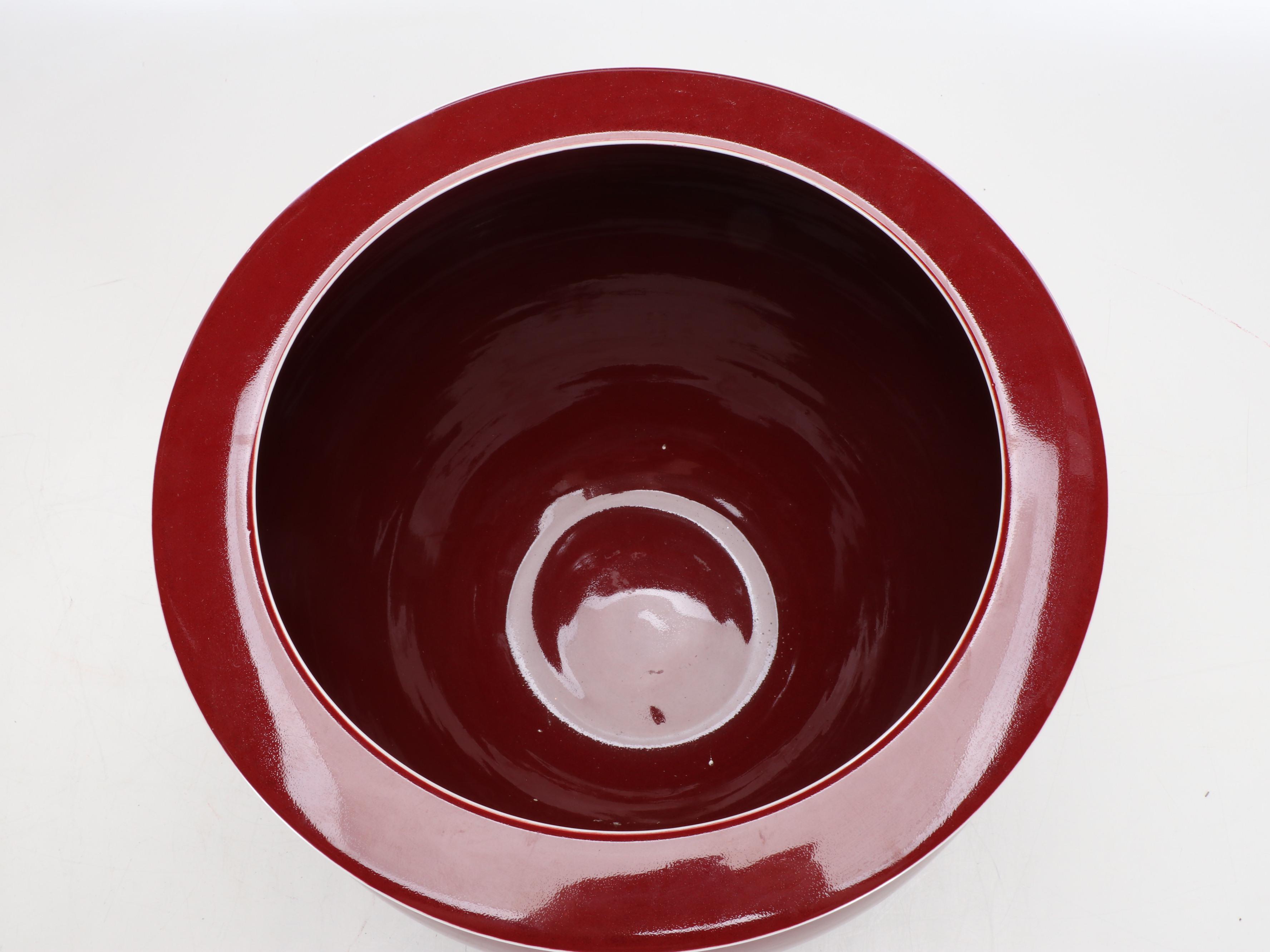 Oxblood Ceramic Fishbowl Planter with Wood Stand