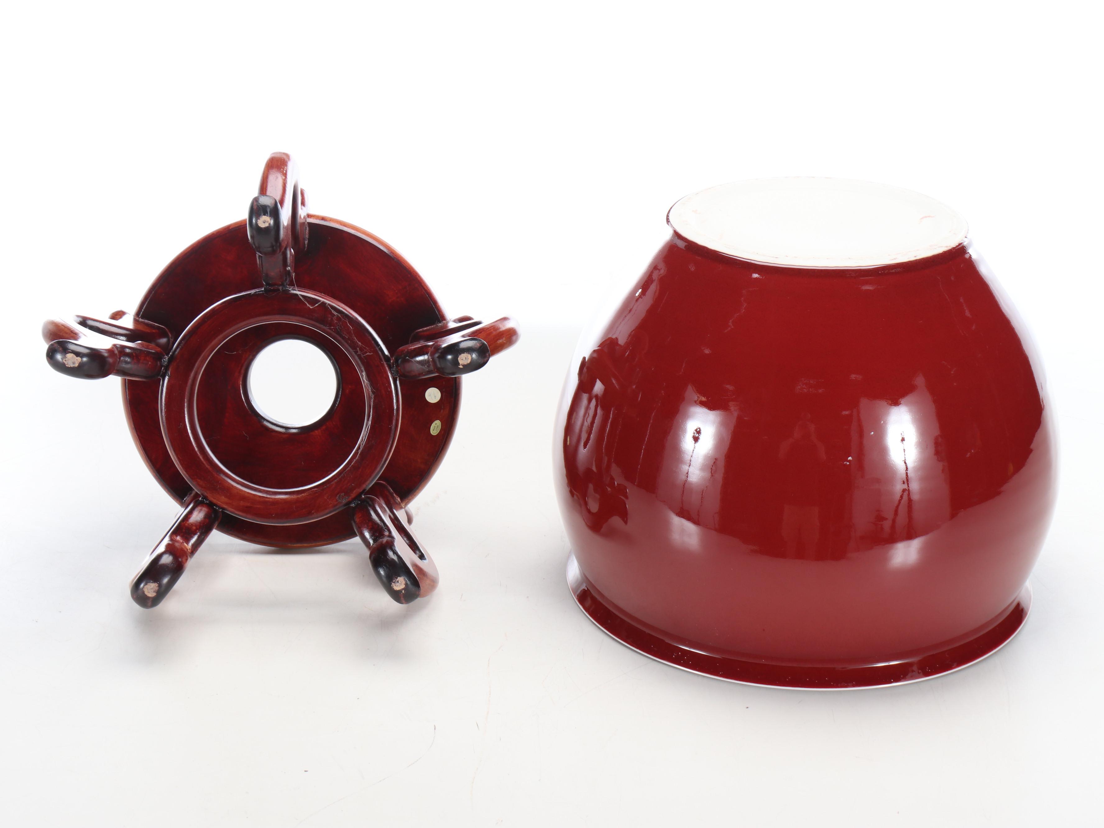 Oxblood Ceramic Fishbowl Planter with Wood Stand