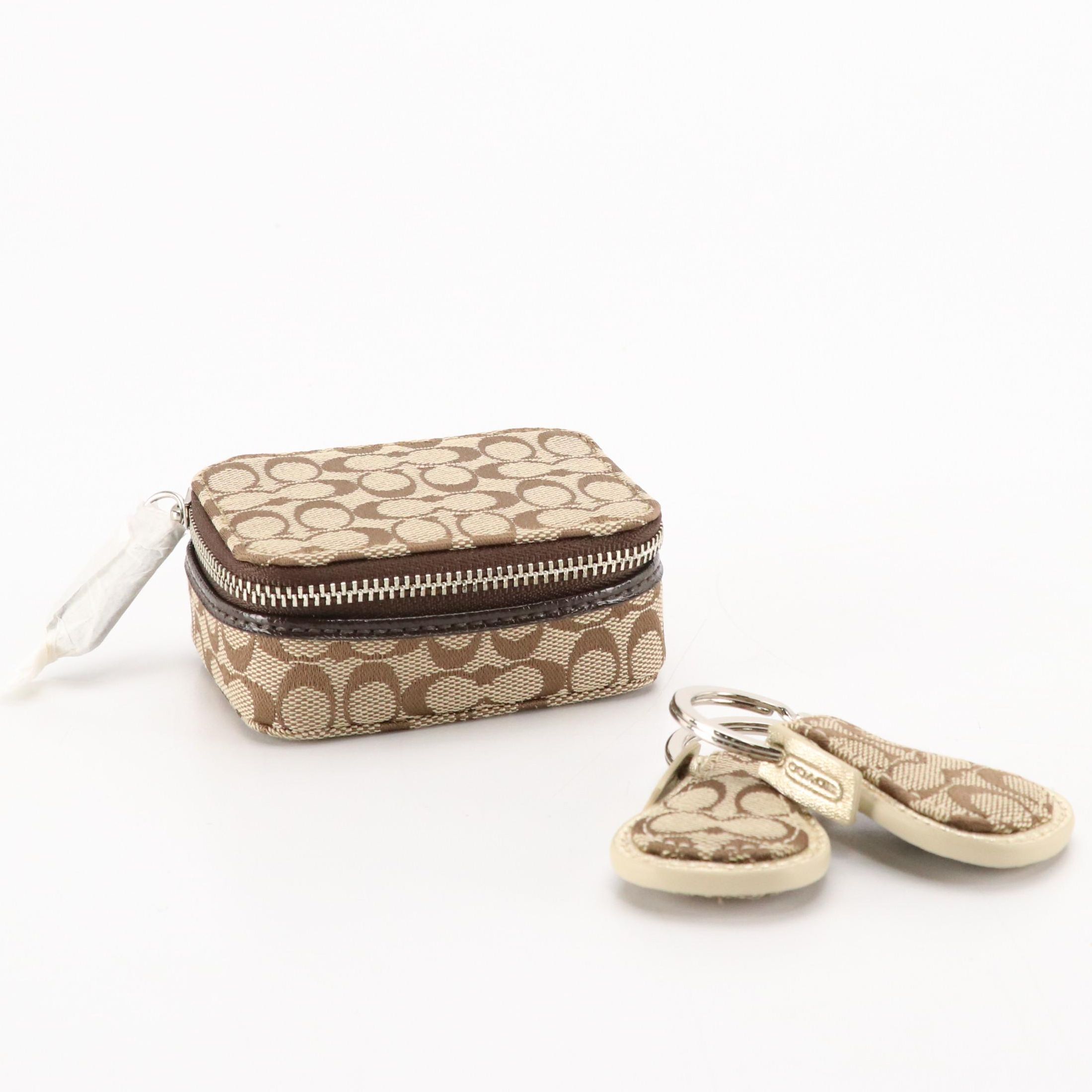 Coach Signature Canvas Triple Pill Bottle Case and Tear Drop Key FOBs, With Tags