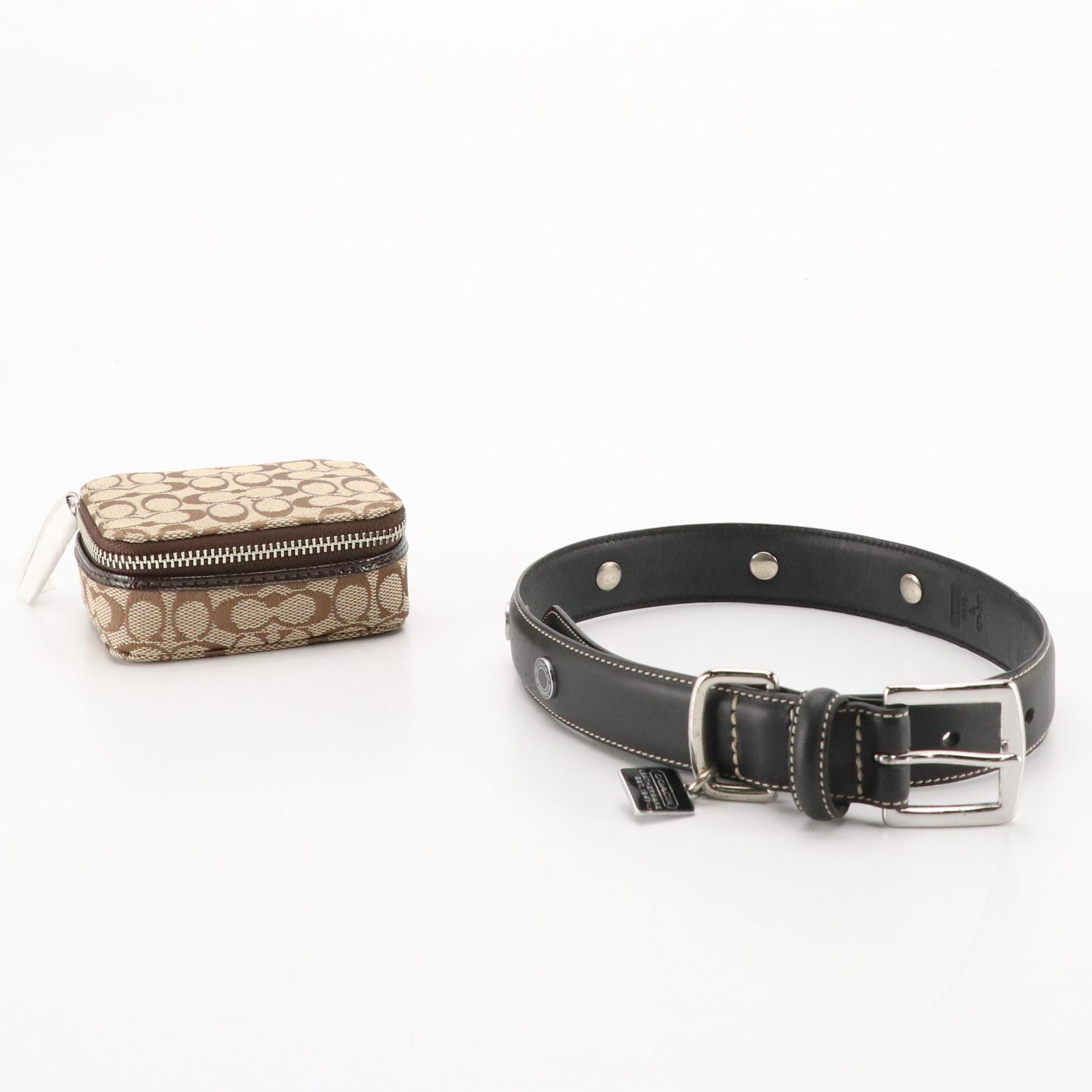Coach Signature Canvas Triple Pill Case, Key FOB, Black Leather Large Dog Collar