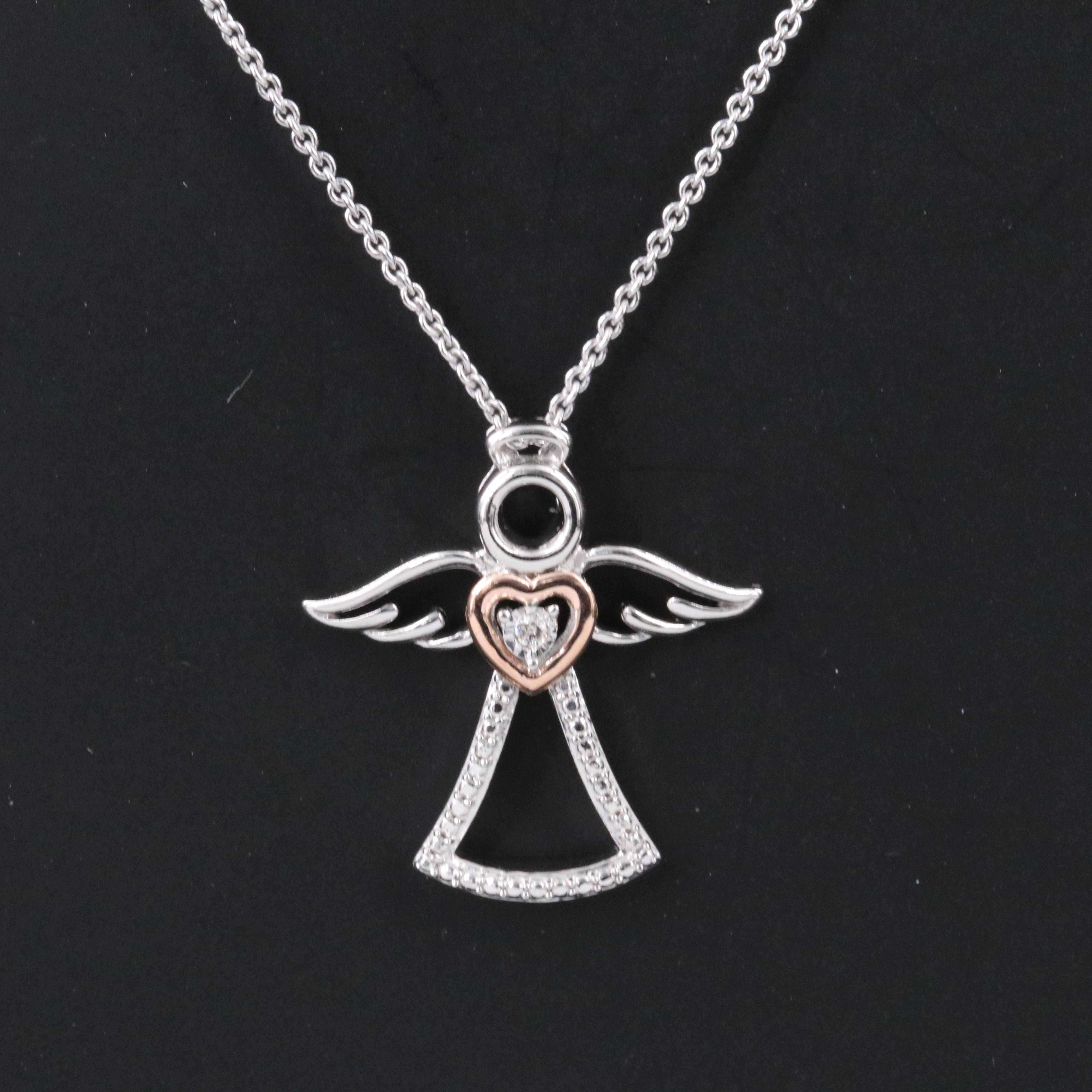 Sterling Diamond Angel Pendant Necklace with 10K Rose Gold Accent