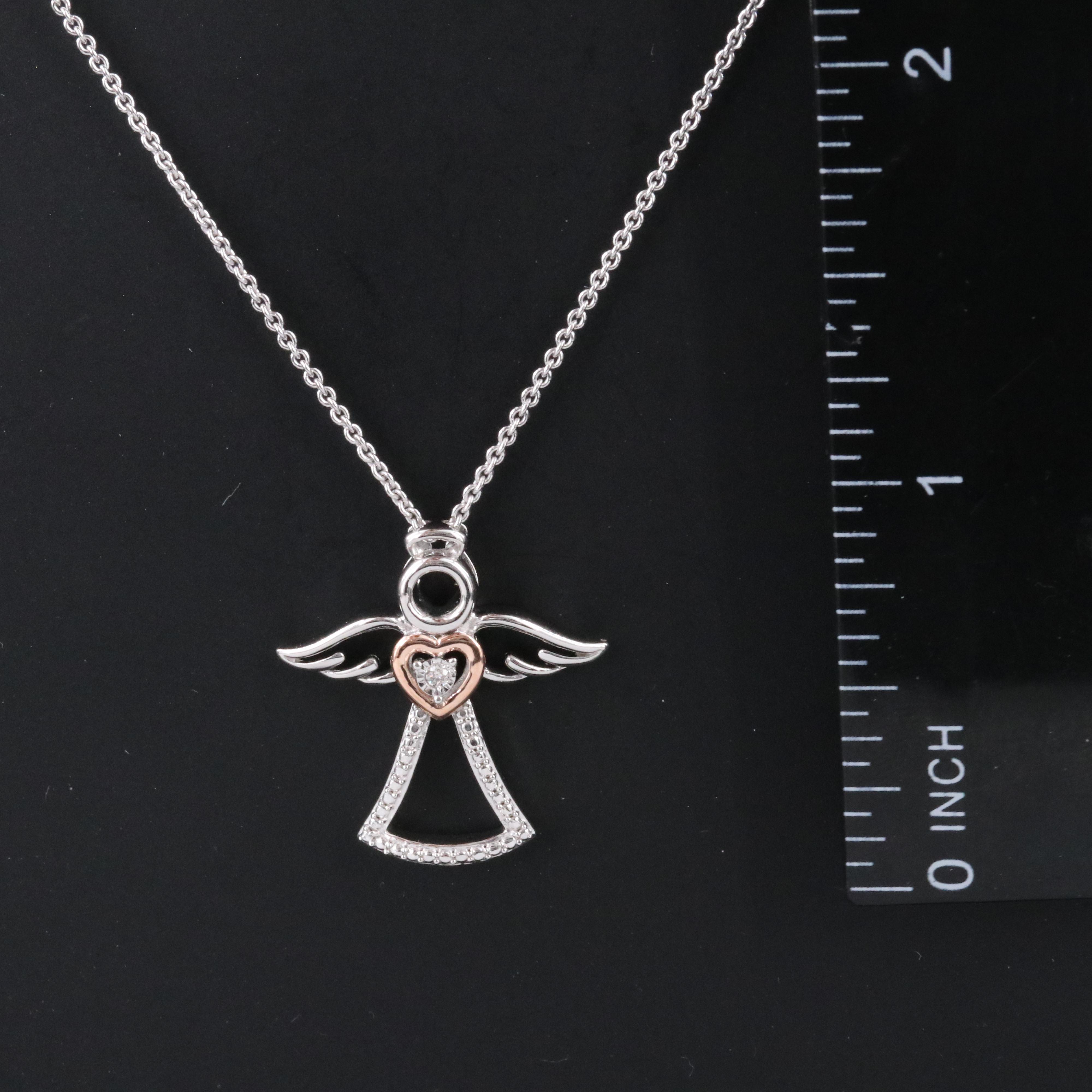 Sterling Diamond Angel Pendant Necklace with 10K Rose Gold Accent