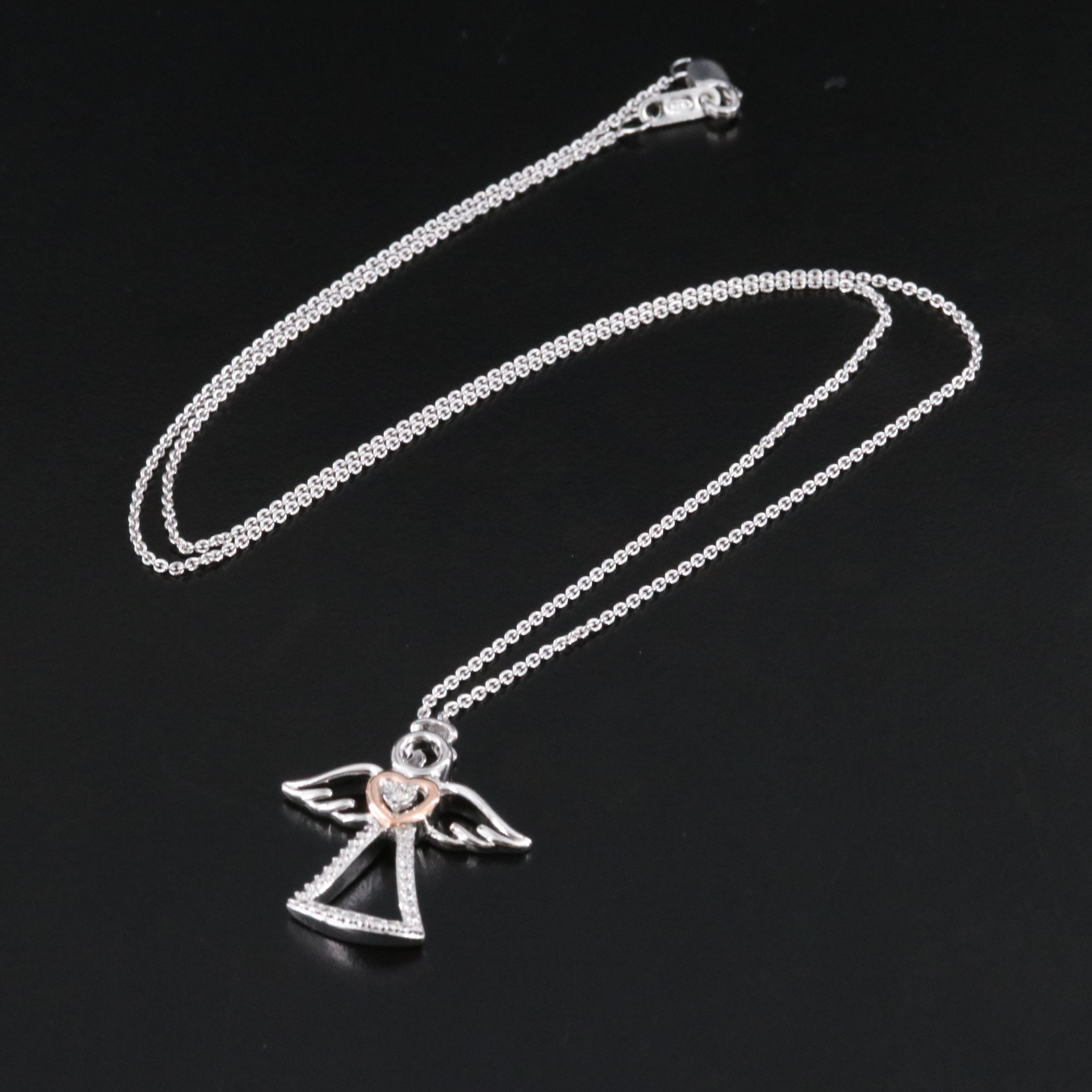Sterling Diamond Angel Pendant Necklace with 10K Rose Gold Accent