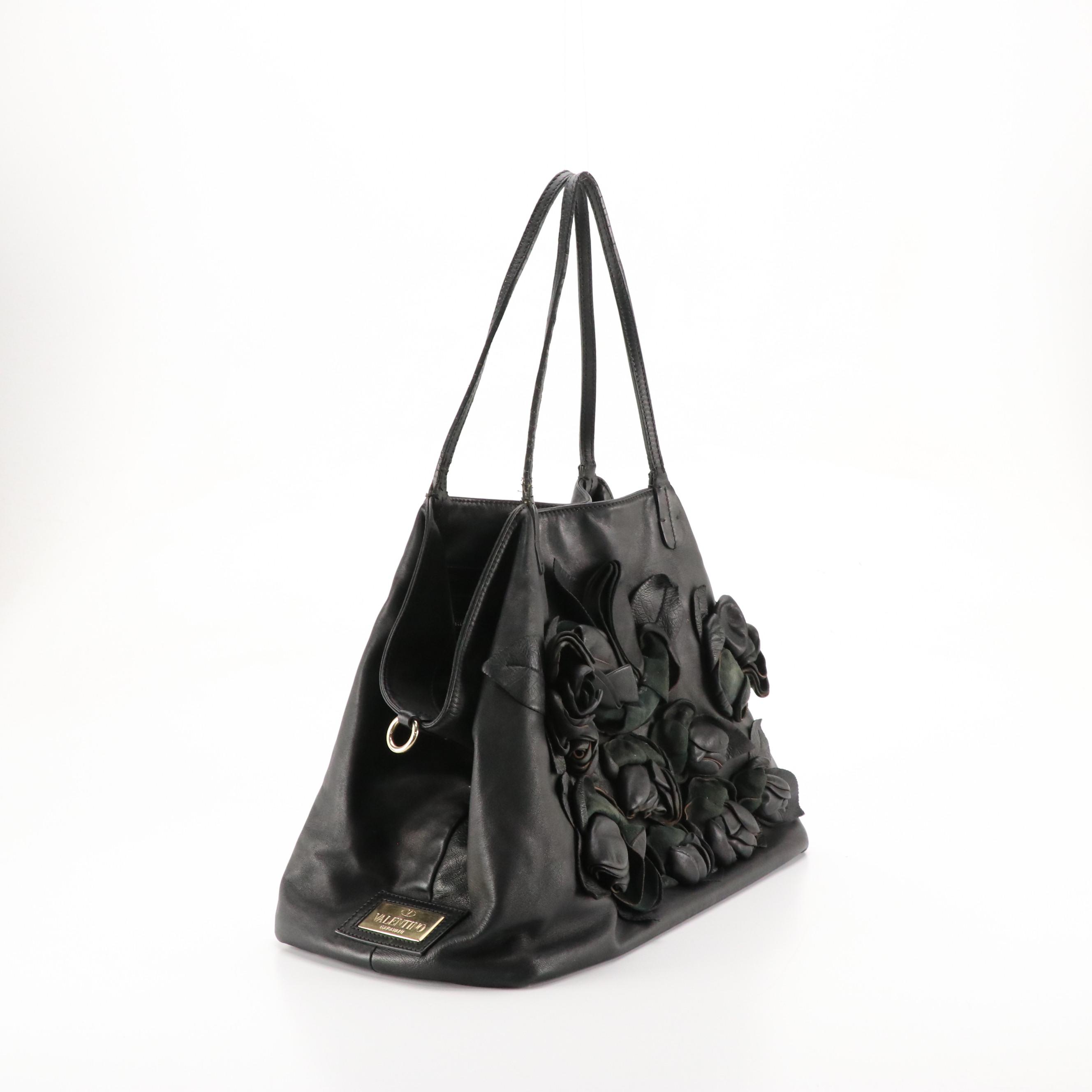 Valentino Garavani Black Lambskin Leather Rosette Shoulder Bag