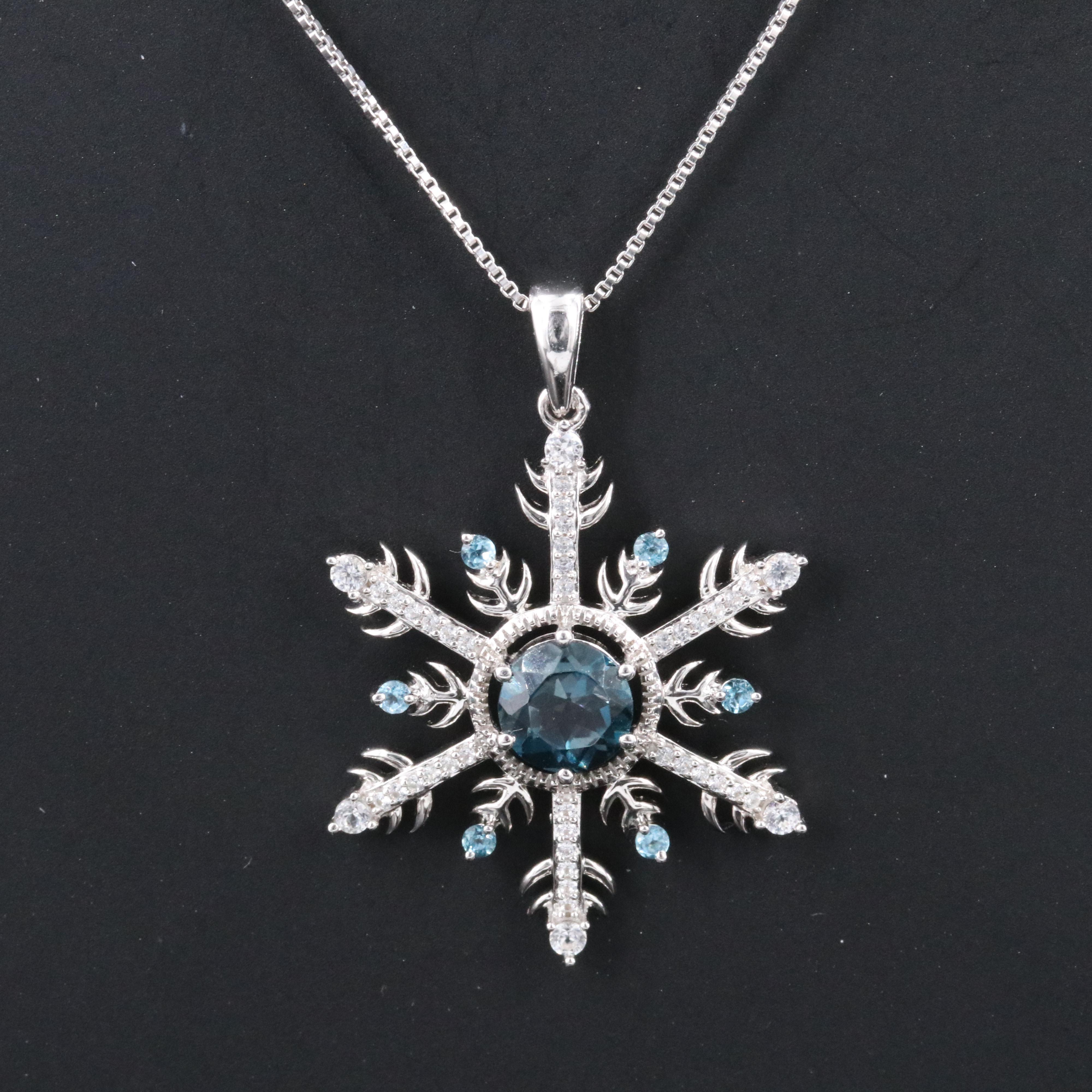 Sterling Sapphire, London and Swiss Blue Topaz Snowflake Pendant Necklace