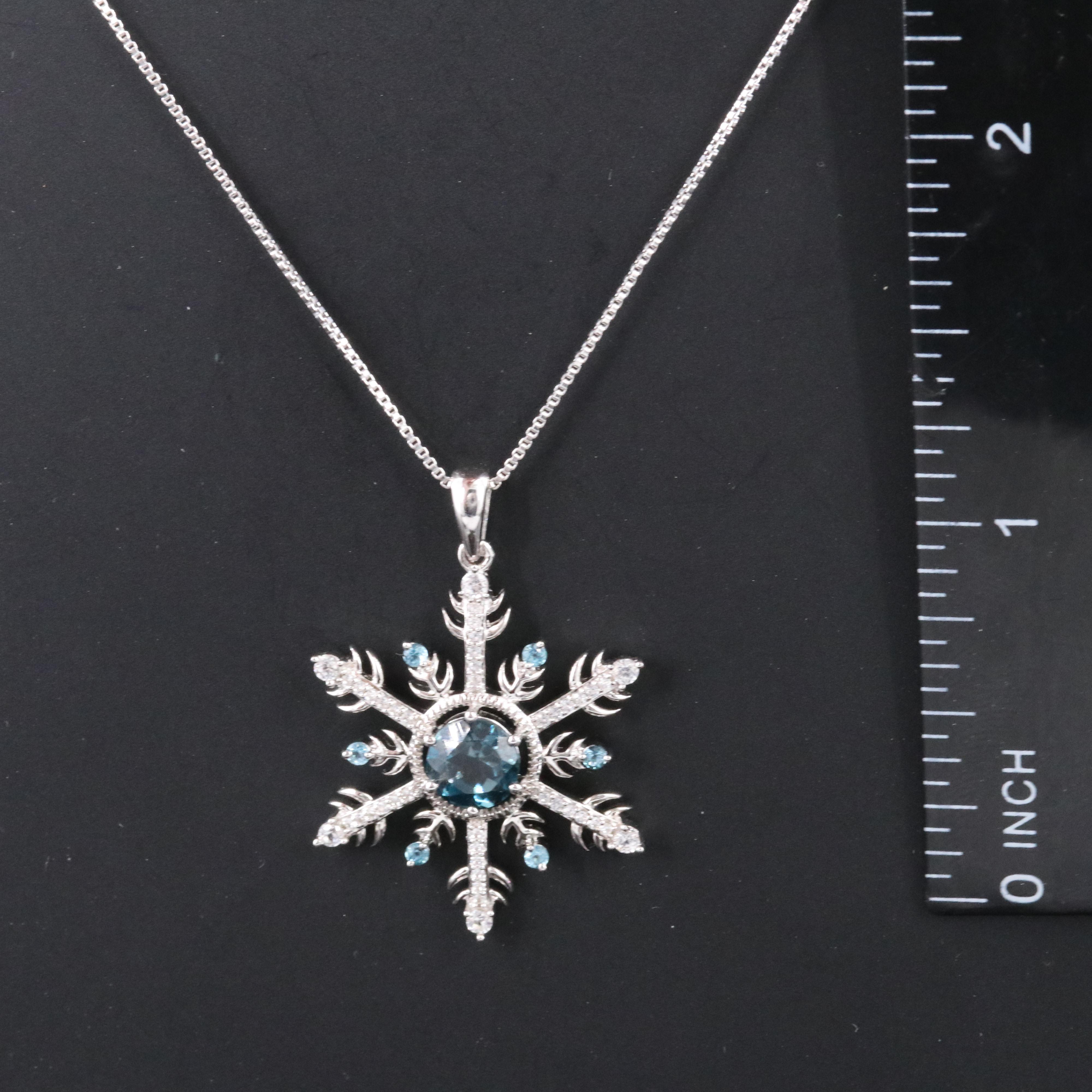 Sterling Sapphire, London and Swiss Blue Topaz Snowflake Pendant Necklace