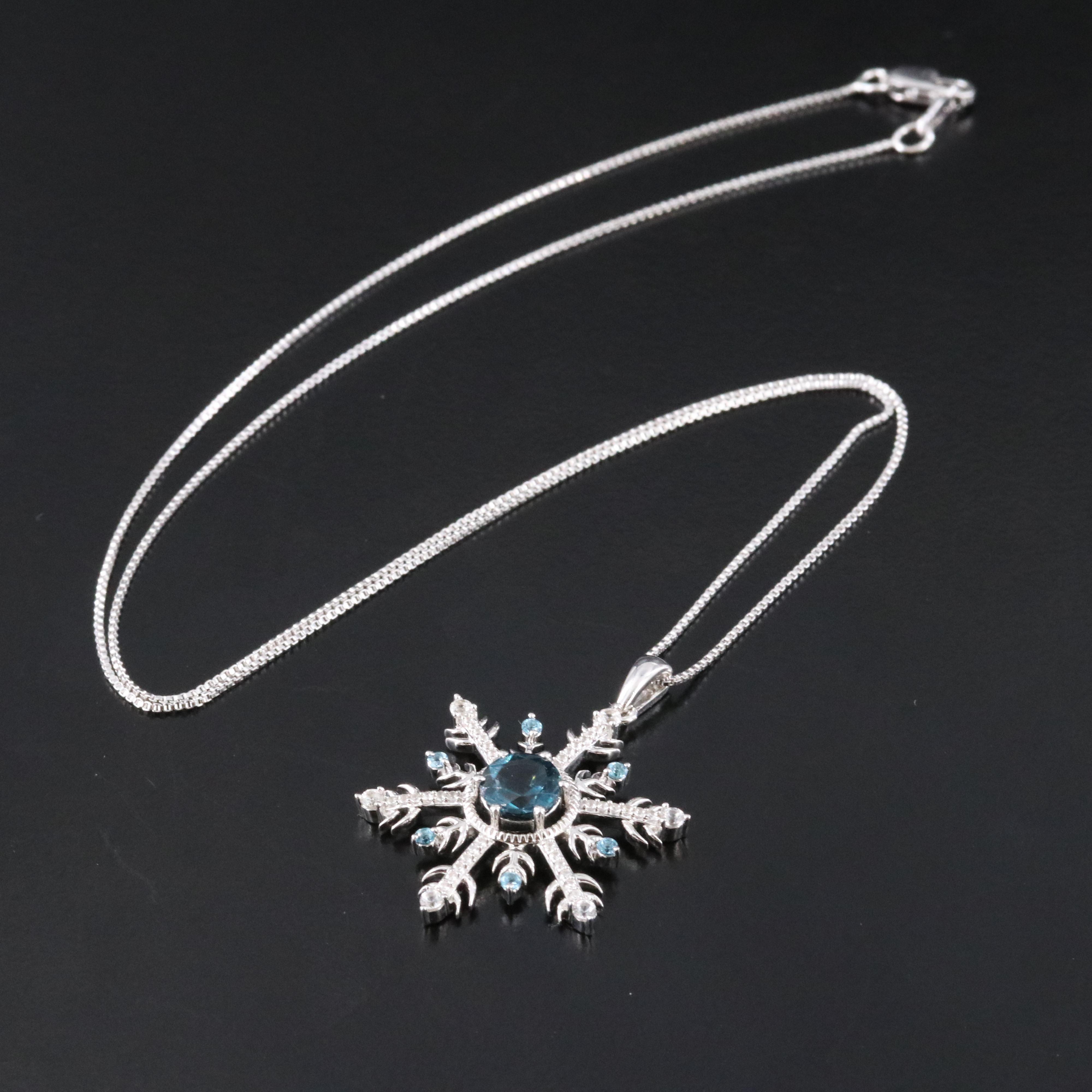 Sterling Sapphire, London and Swiss Blue Topaz Snowflake Pendant Necklace