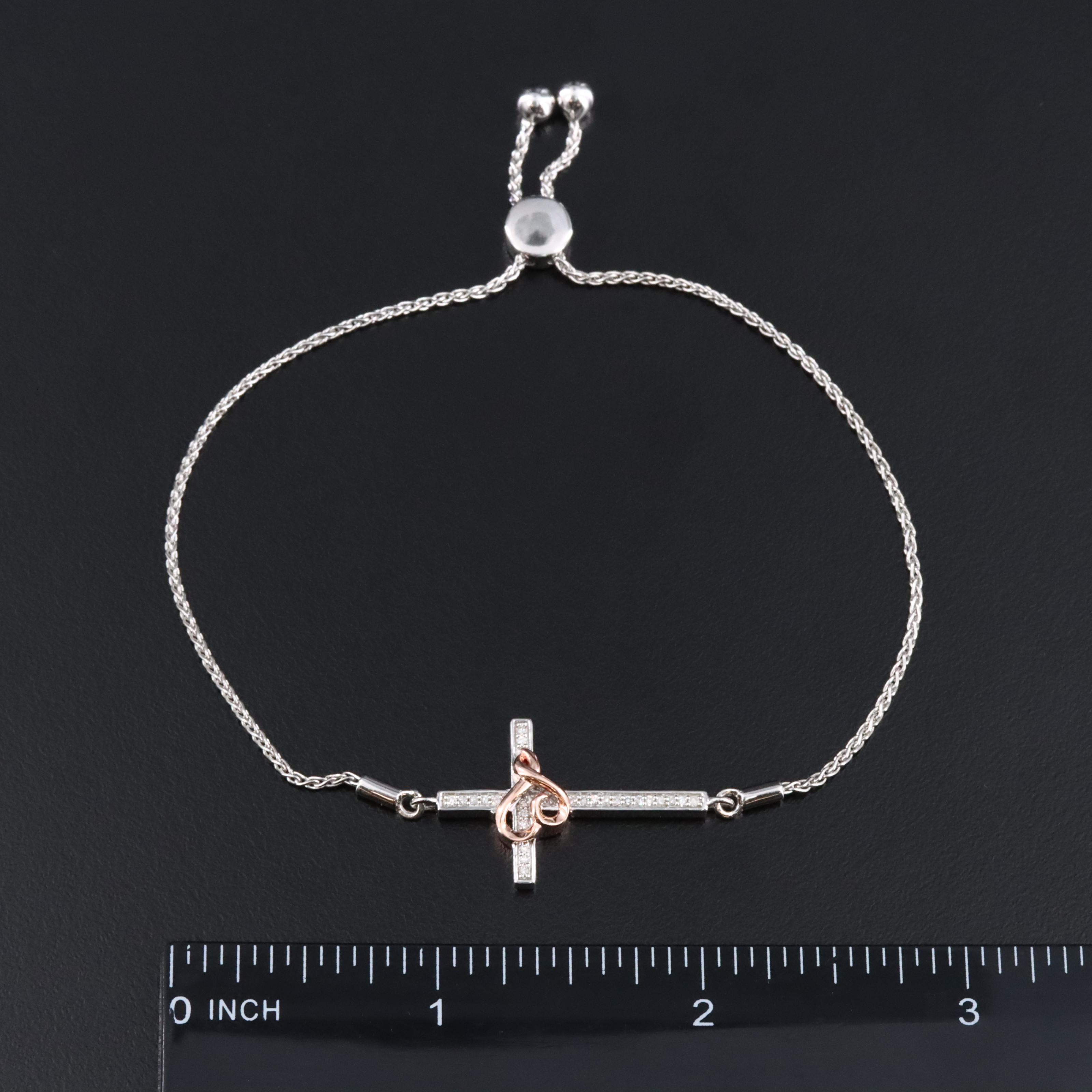 Sterling Diamond Cross Bolo Bracelet with 10K Rose Gold Heart Accent