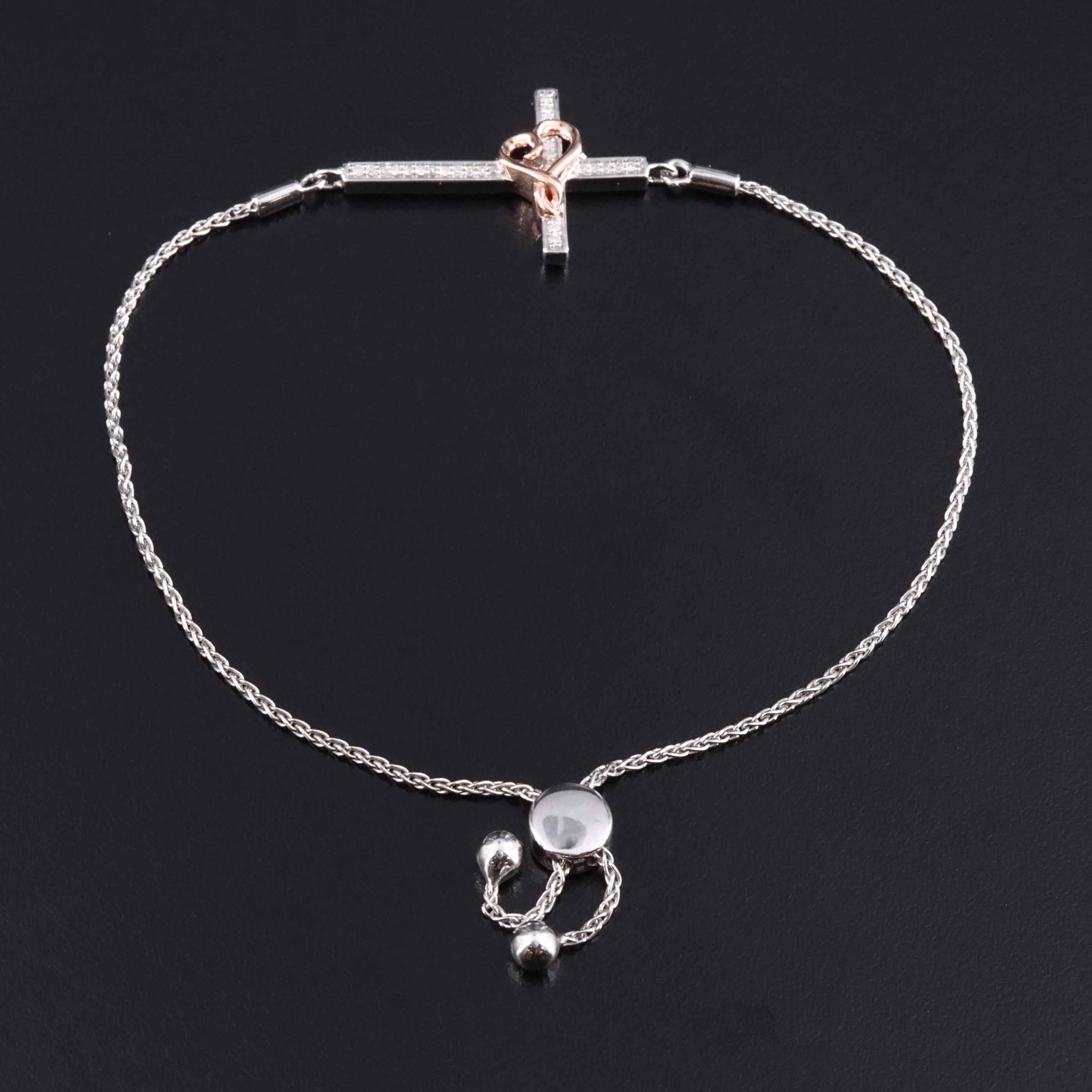 Sterling Diamond Cross Bolo Bracelet with 10K Rose Gold Heart Accent