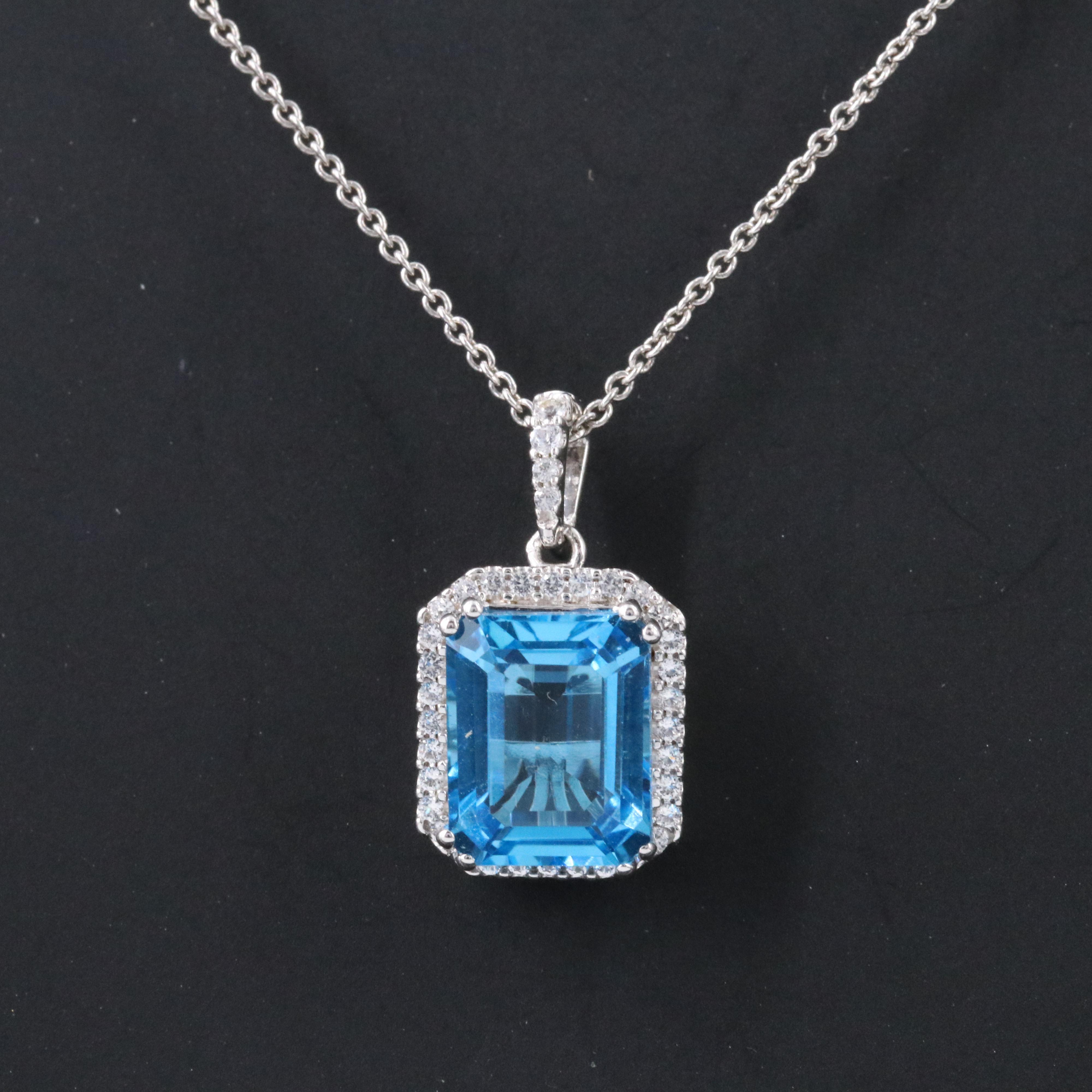 Sterling Swiss Blue Topaz and White Sapphire Pendant Necklace
