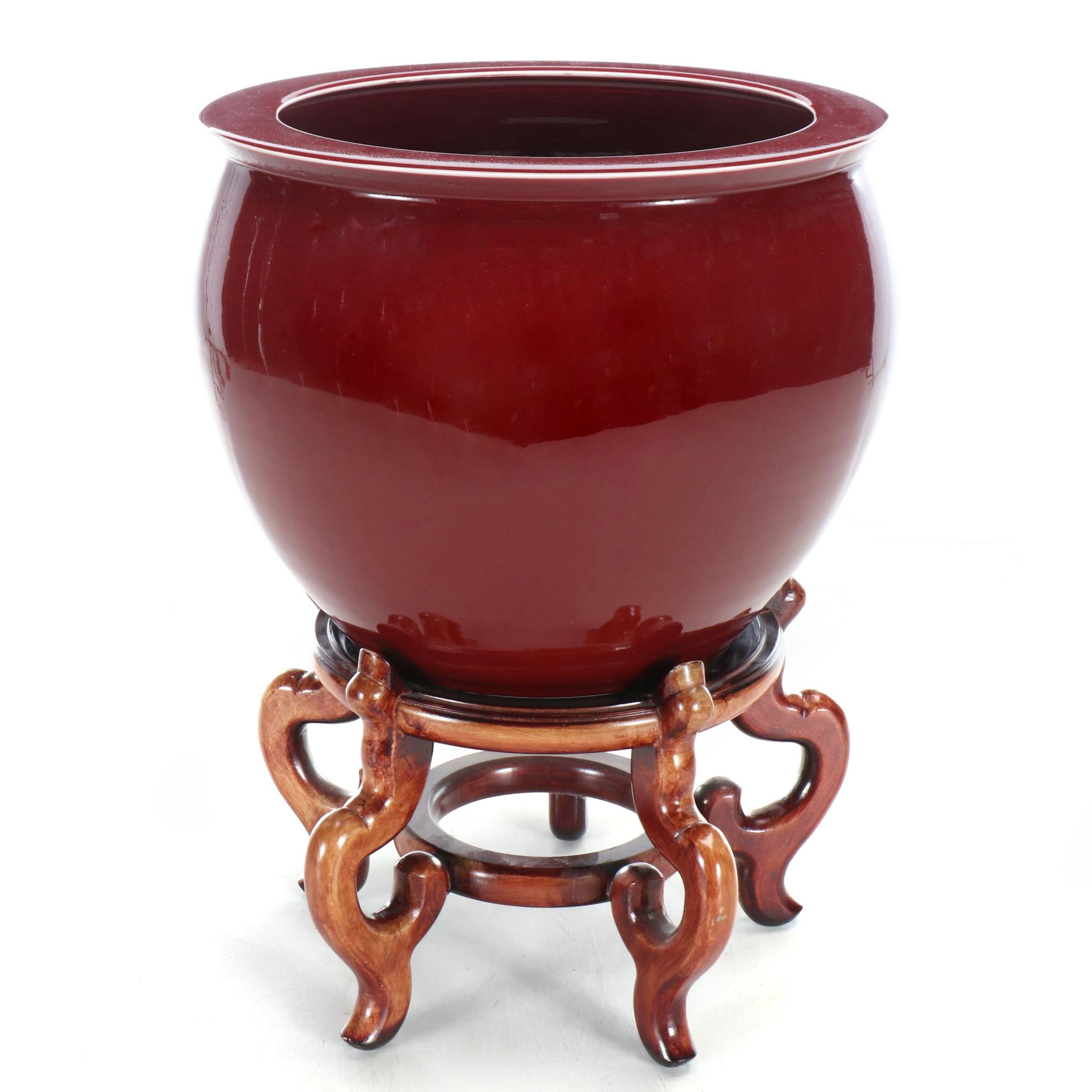 Oxblood Ceramic Fishbowl Planter with Wood Stand