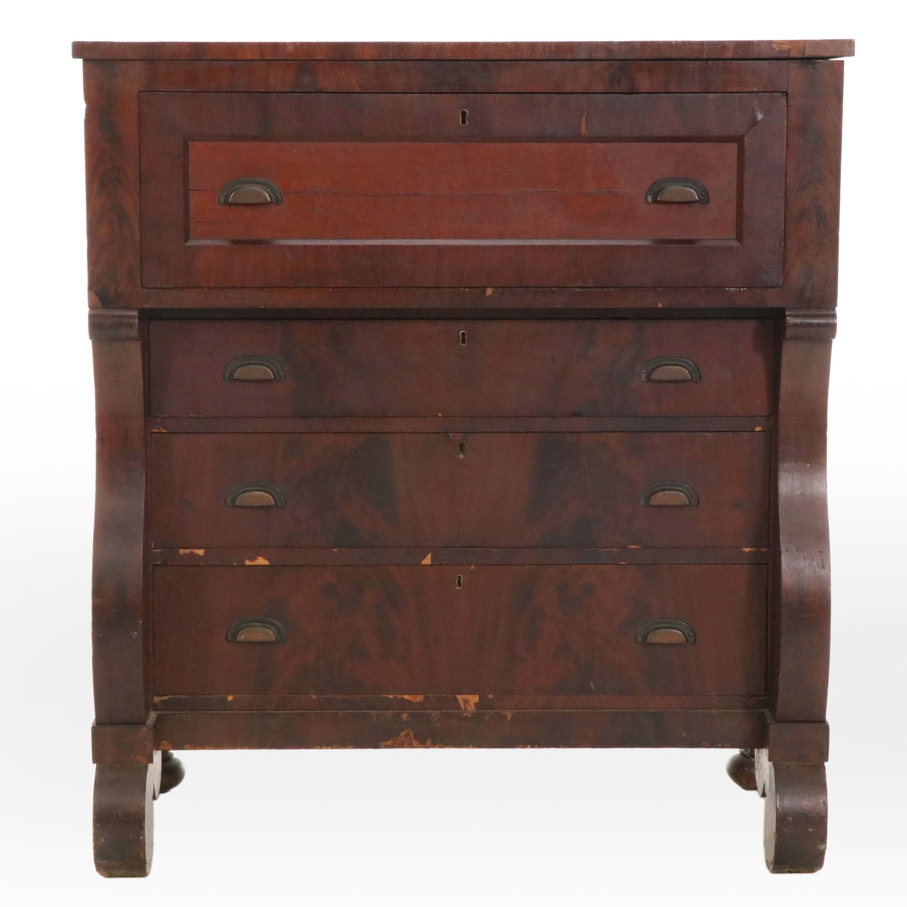 American Empire Style Flame Mahogany Butler's Desk, Mid to Late 19th Century