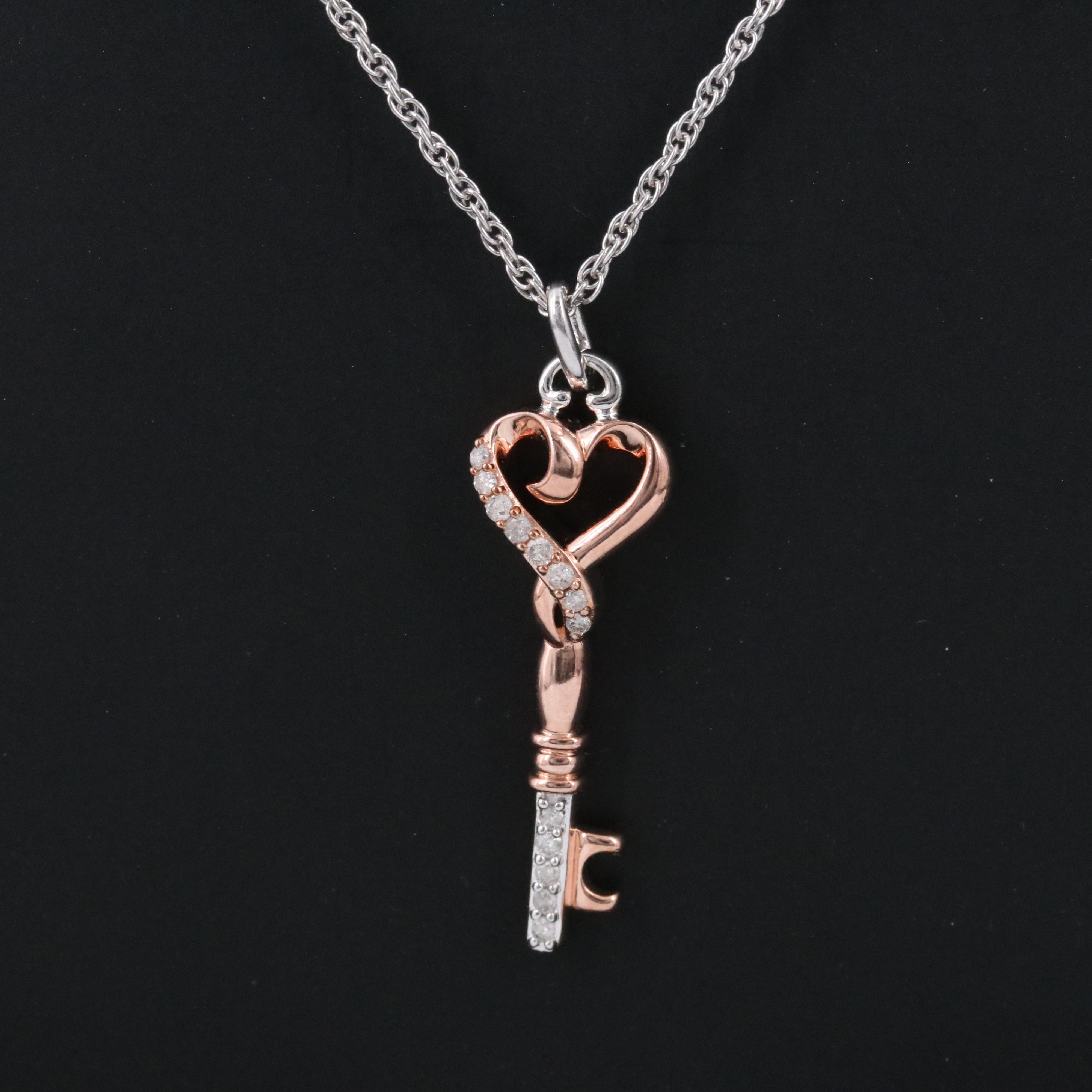 Sterling Diamond Heart Key Pendant Necklace