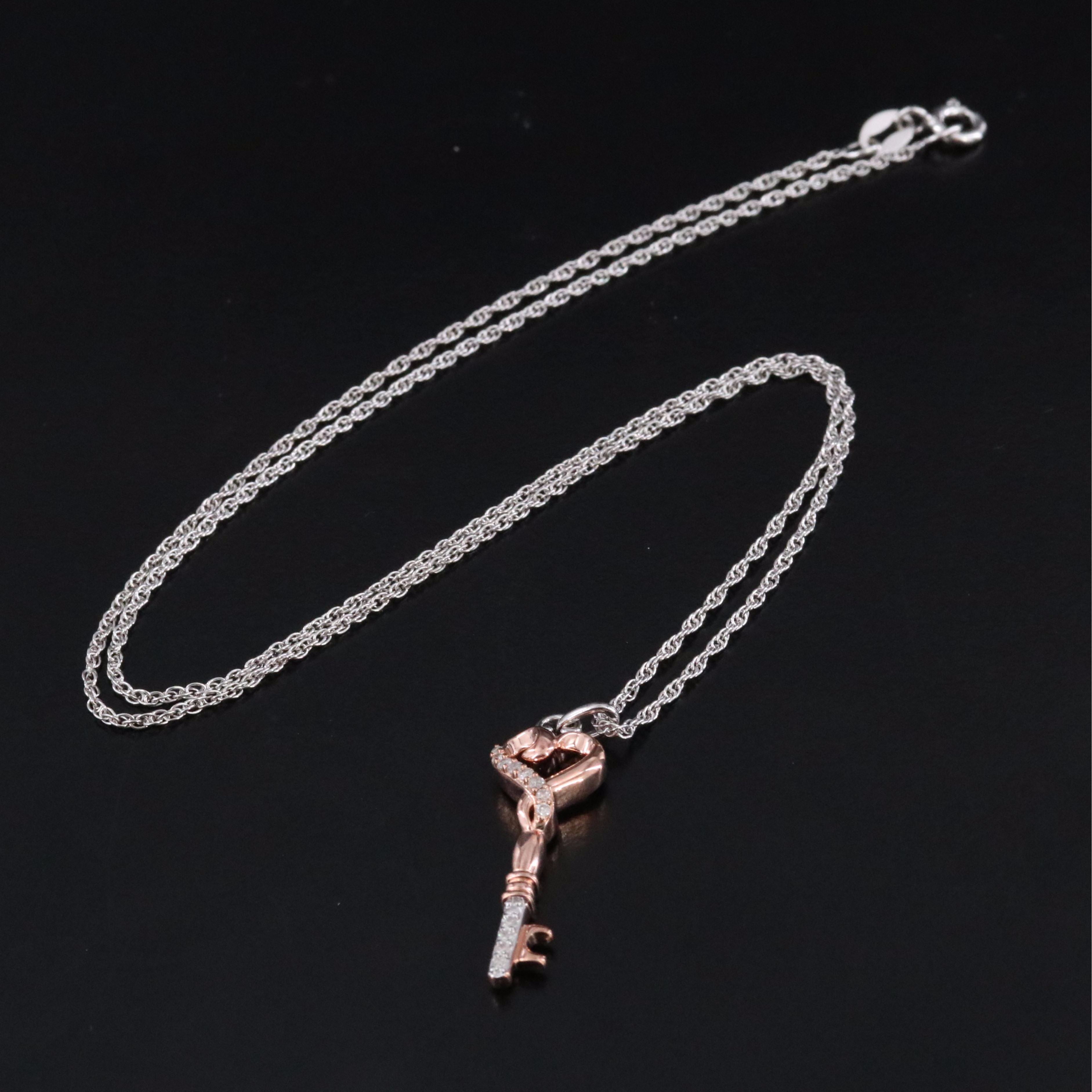 Sterling Diamond Heart Key Pendant Necklace