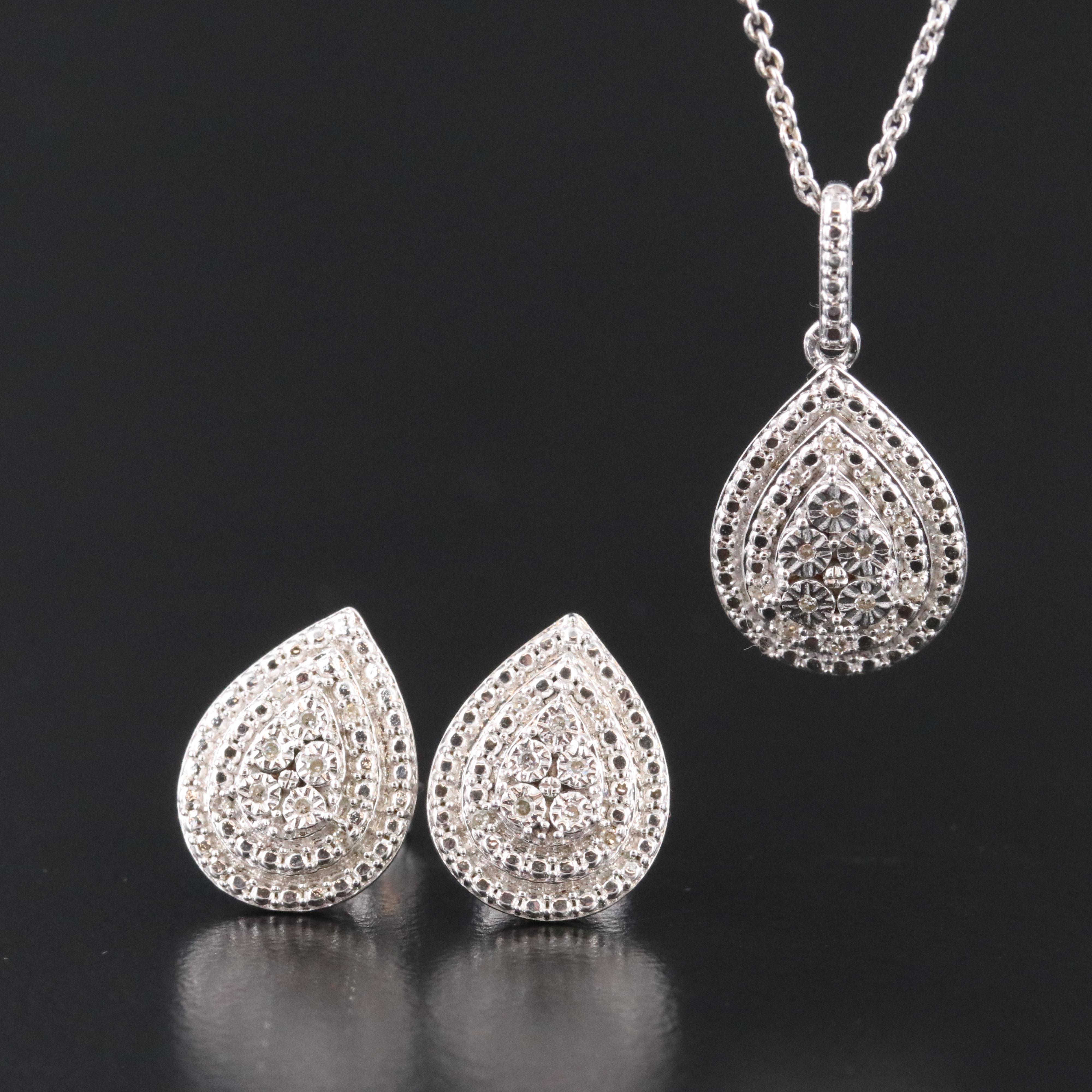 Sterling Diamond Pendant Necklace and Earrings