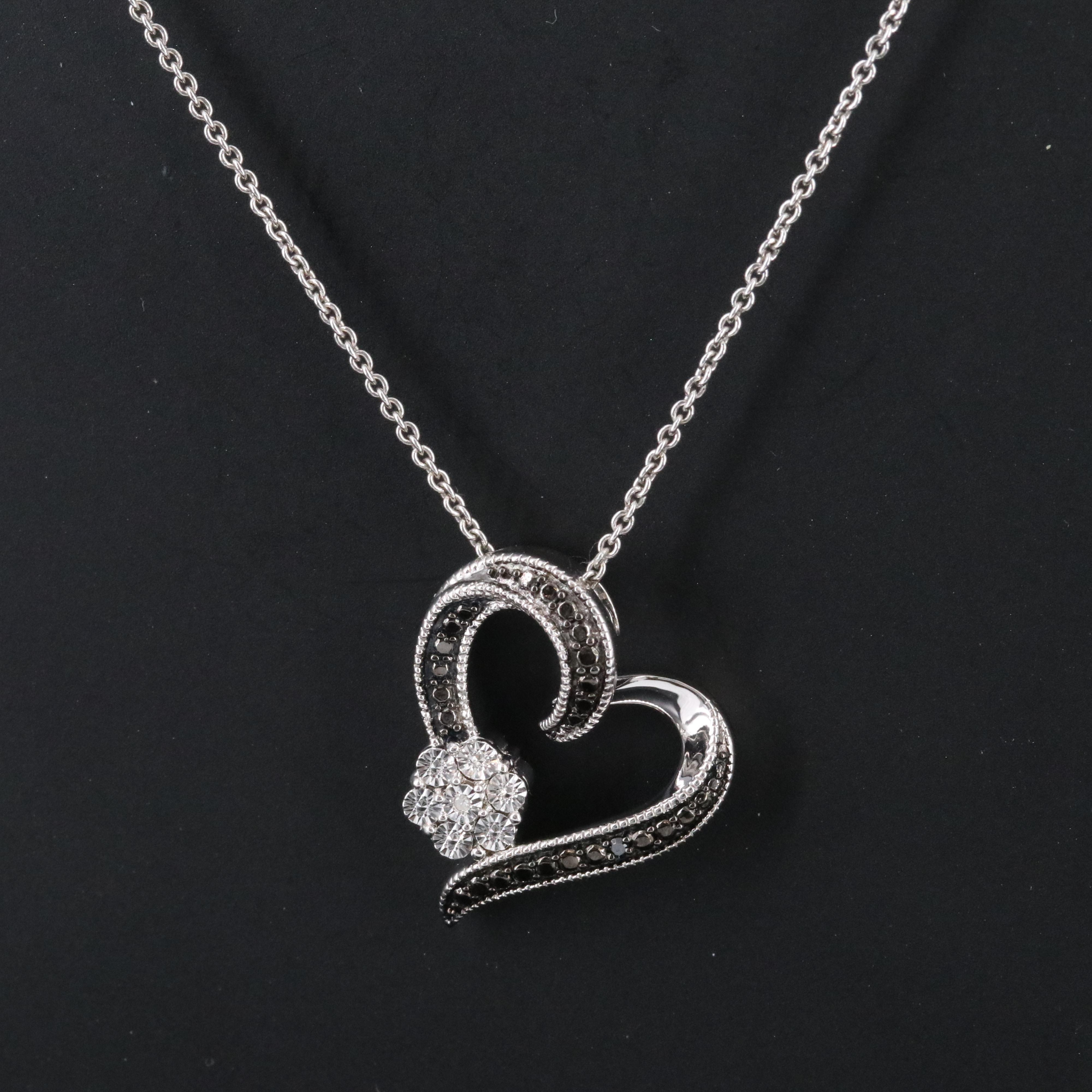 Sterling Diamond Heart Pendant Necklace Including Fancy Black Diamonds