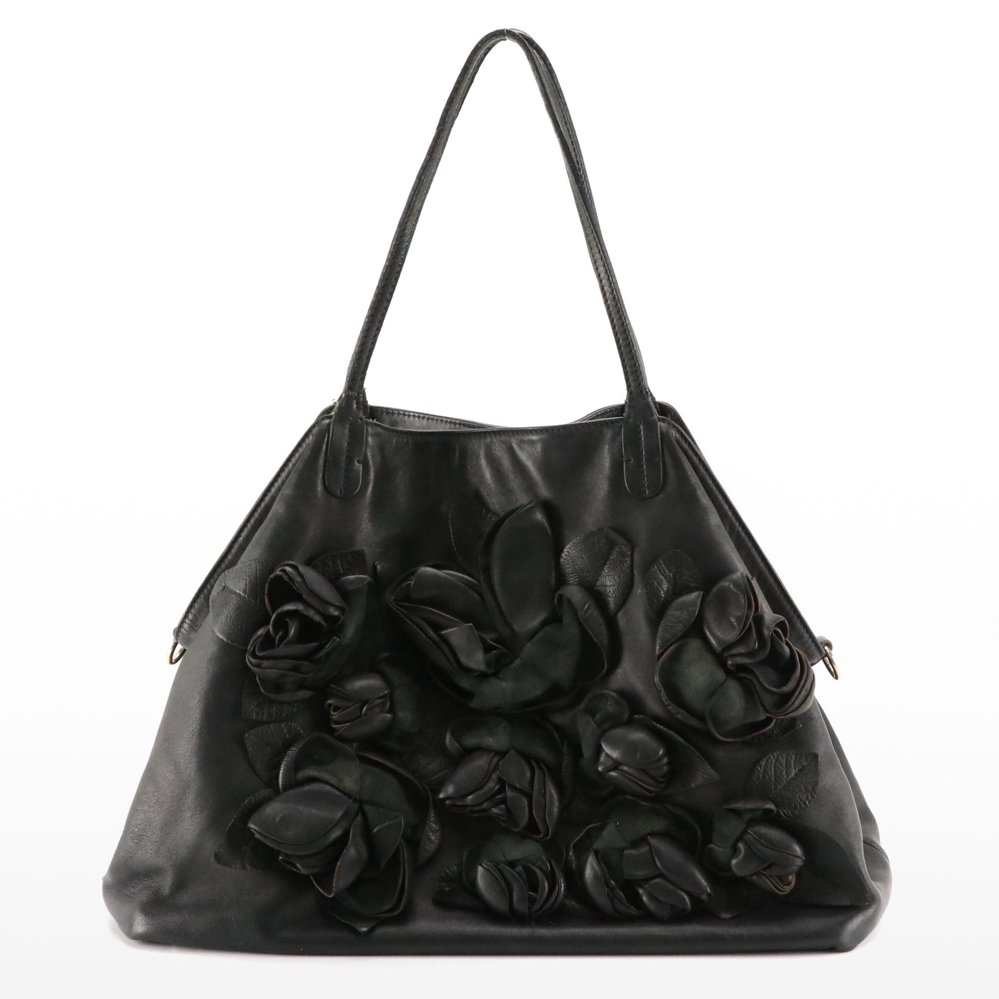 Valentino Garavani Black Lambskin Leather Rosette Shoulder Bag