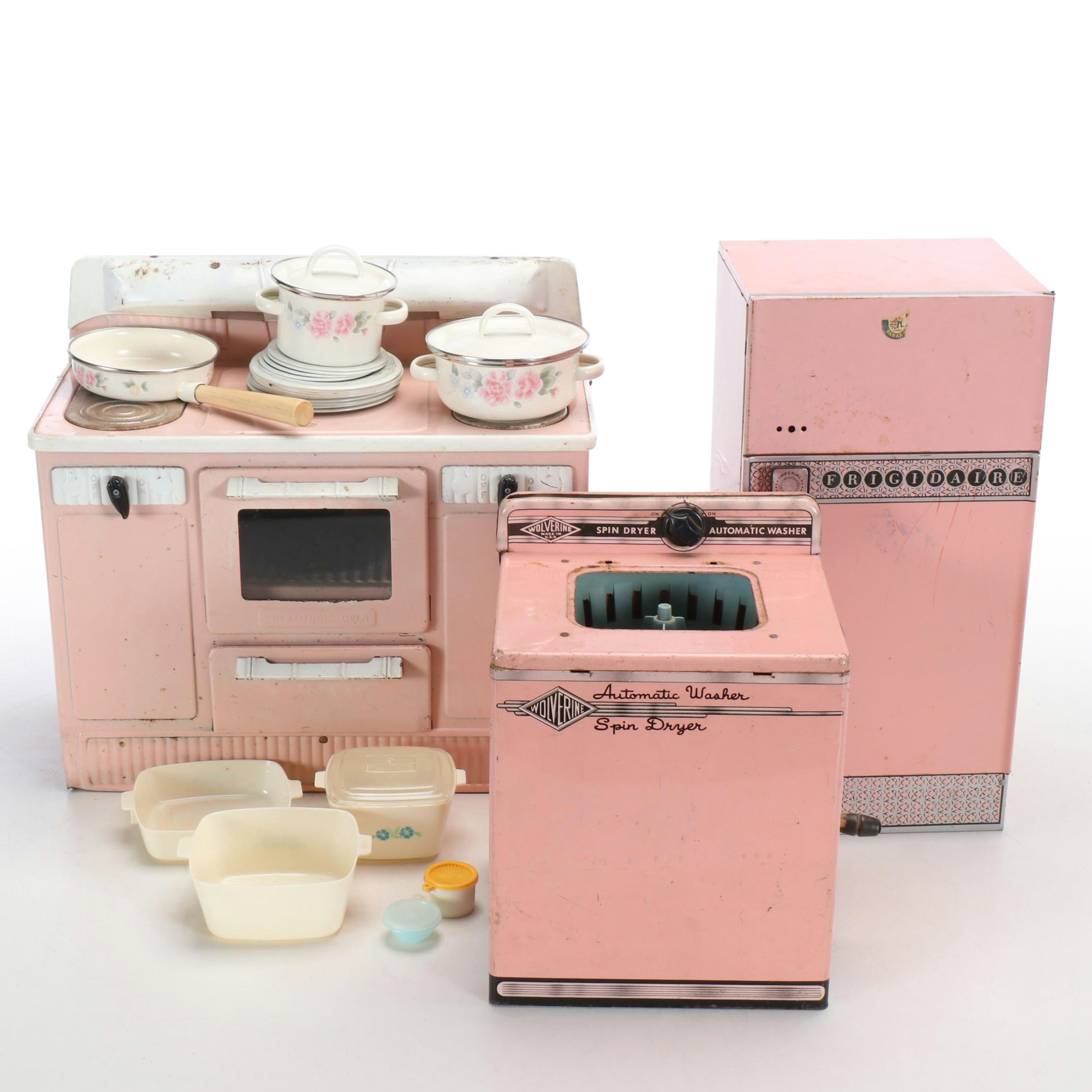 Vintage Pink Tin Appliance Toys with Play Cookware and Plates