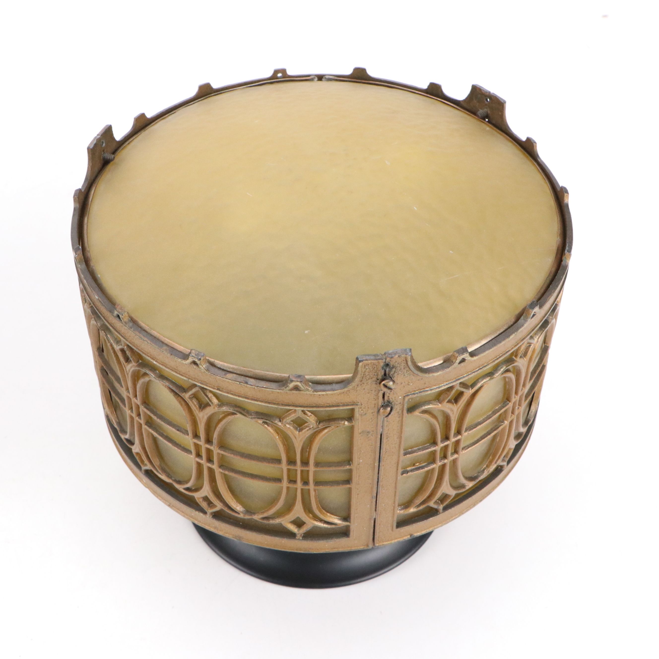 Pair of Arts and Crafts Style Metal and Pebbled Glass Ceiling Light Fixtures