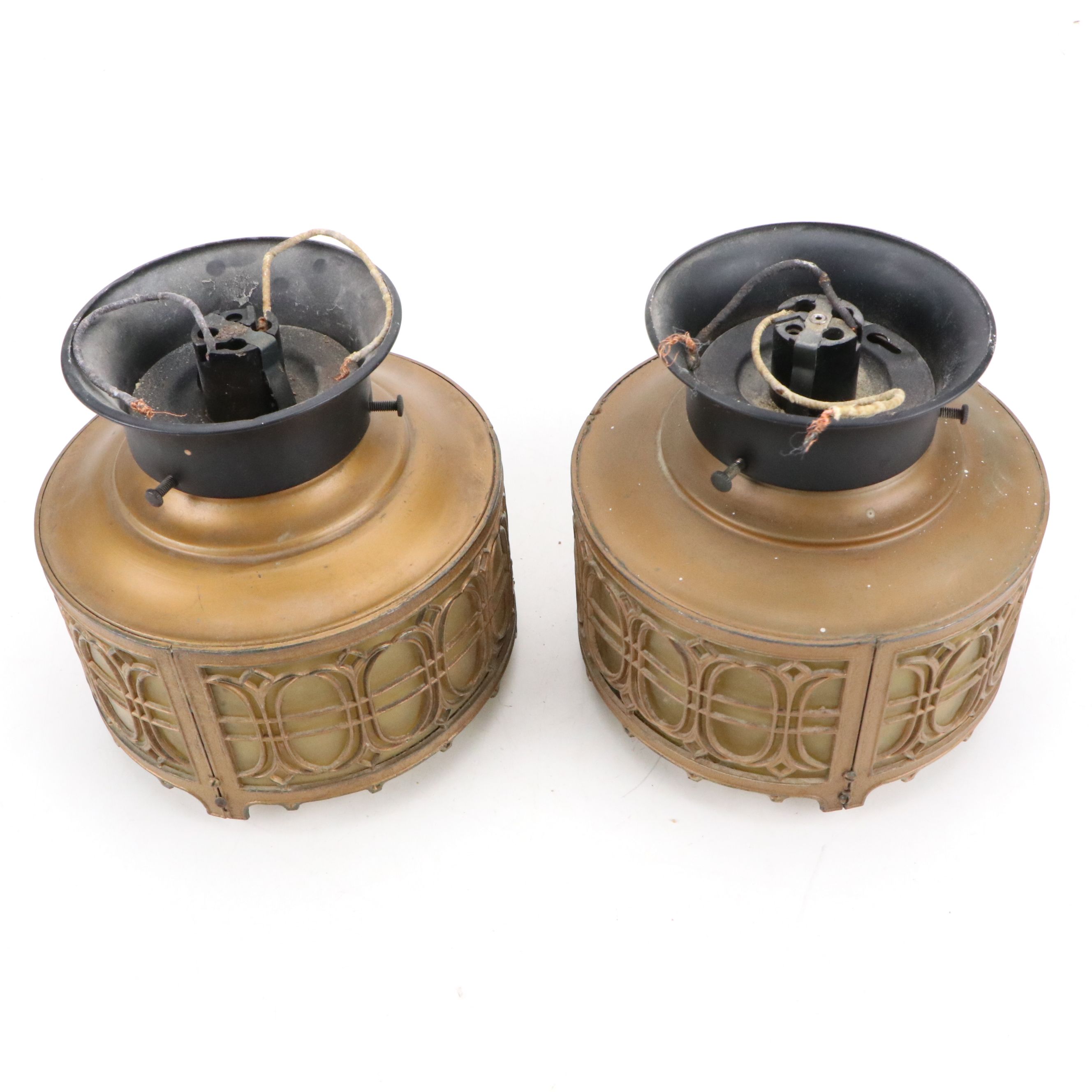 Pair of Arts and Crafts Style Metal and Pebbled Glass Ceiling Light Fixtures