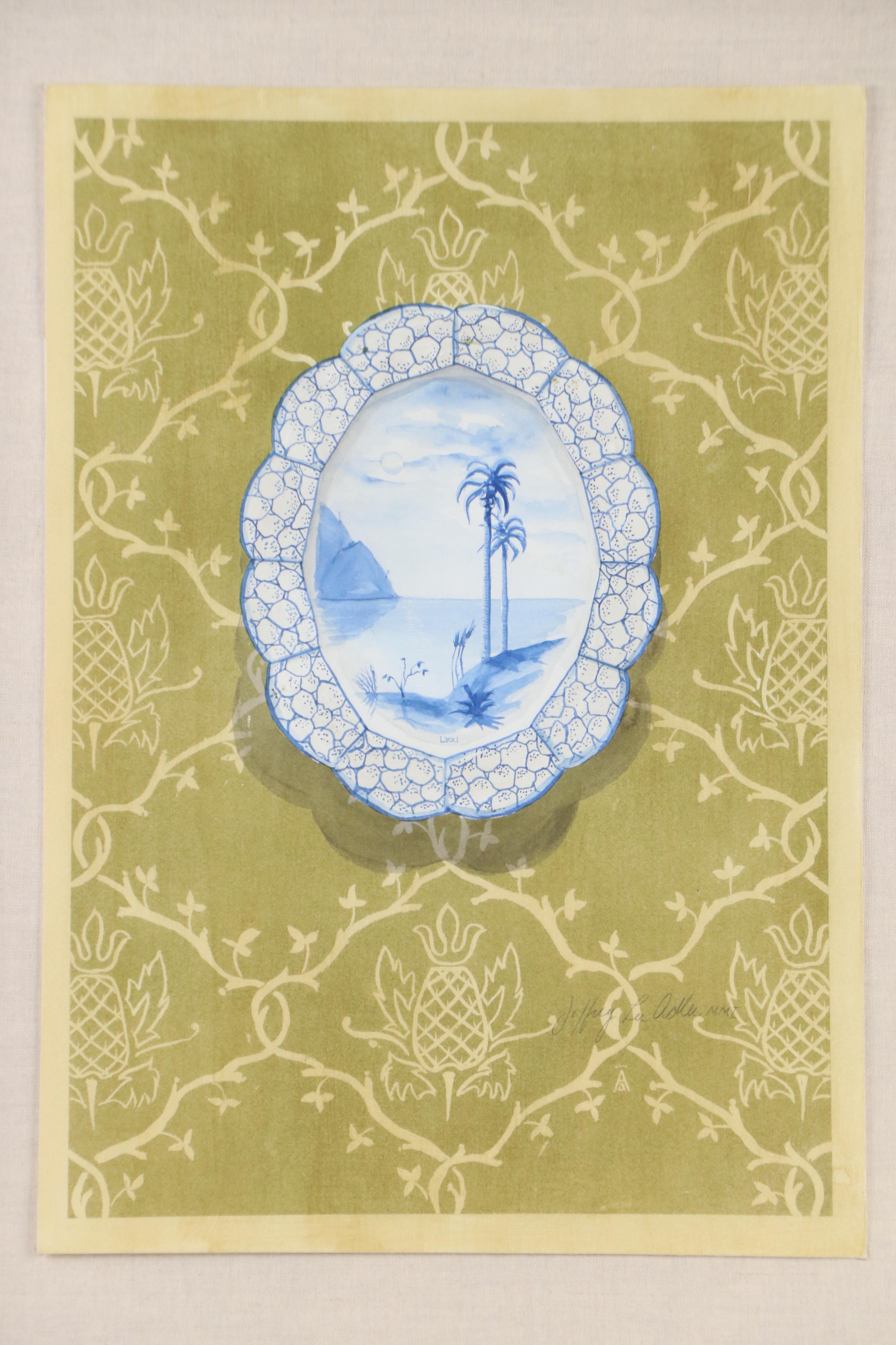 Jeffrey Lee Adler Still Life Watercolor of Porcelain Plate, 20th Century