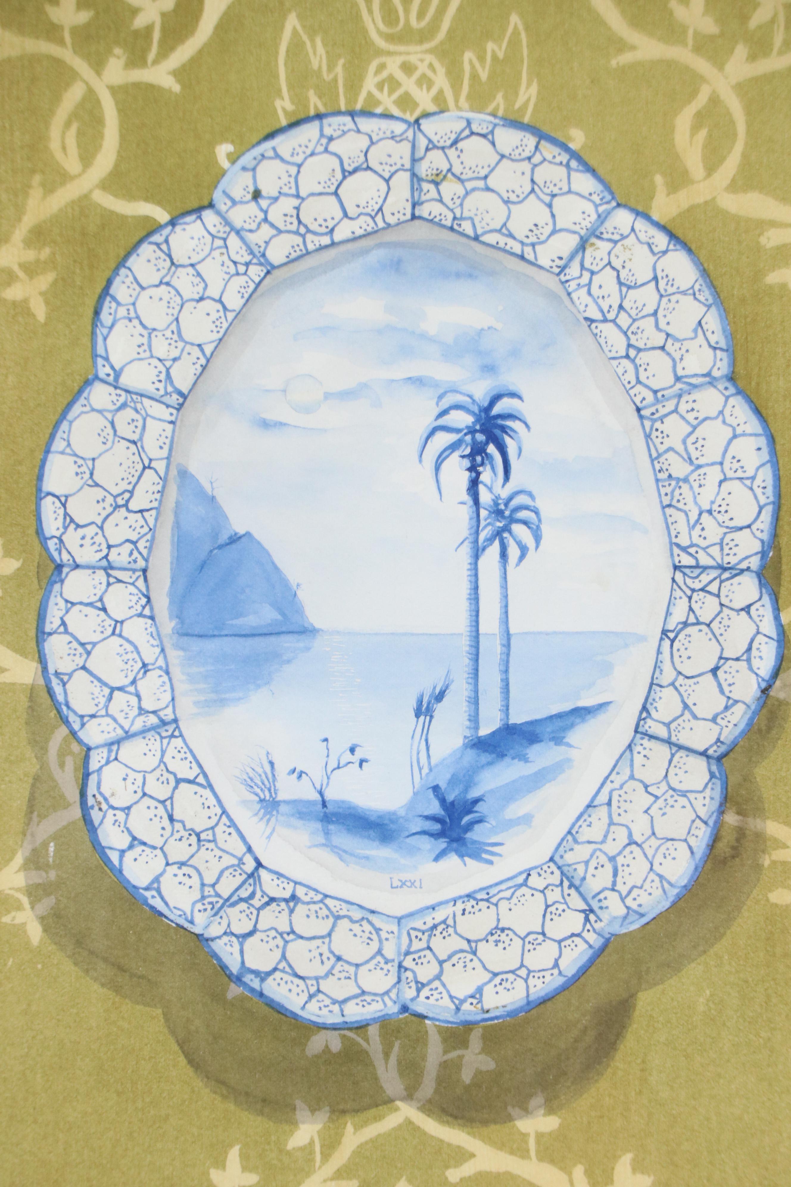 Jeffrey Lee Adler Still Life Watercolor of Porcelain Plate, 20th Century