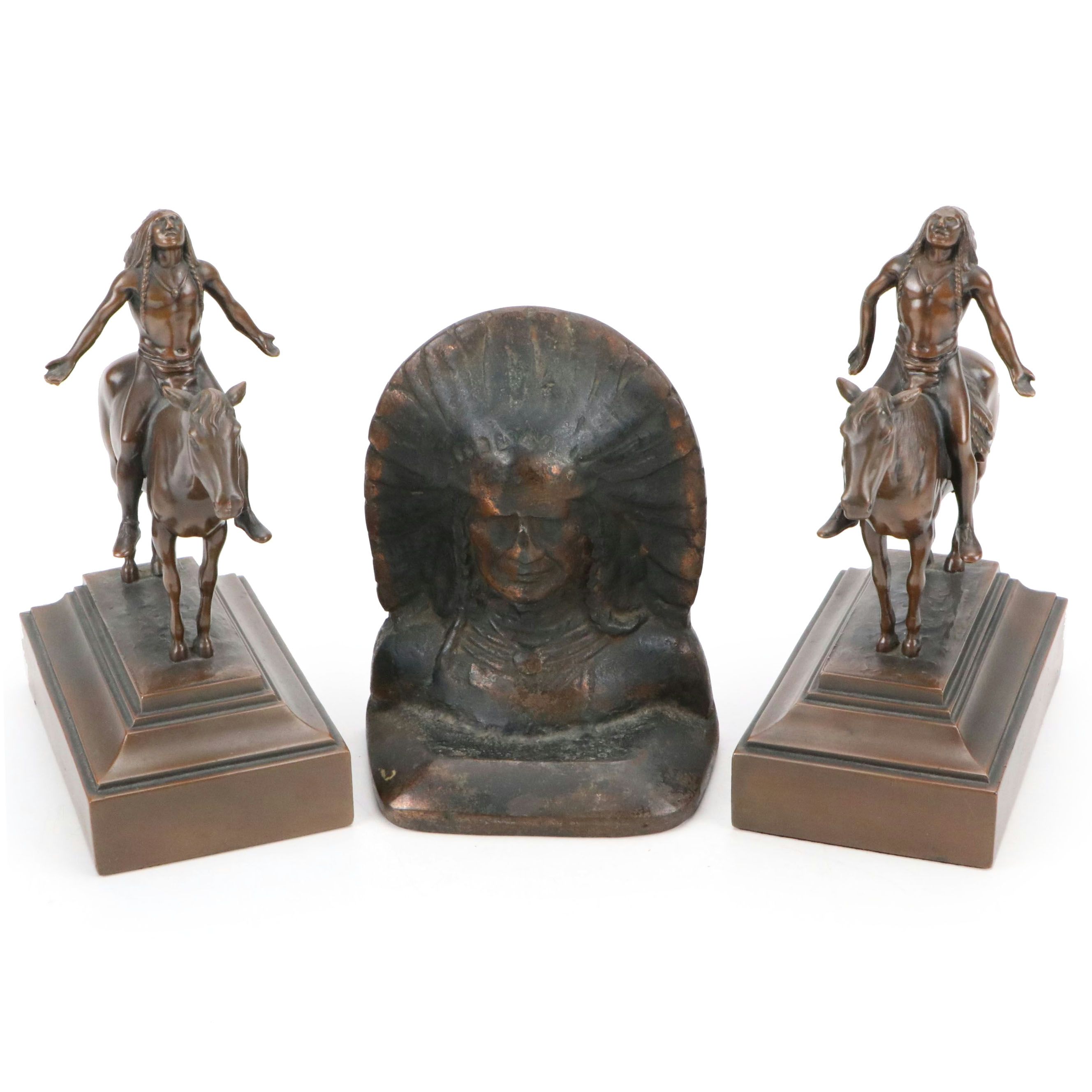 Pair of Cyprus Dallin "Appeal to the Great Spirit" Bookends with Other Doorstop