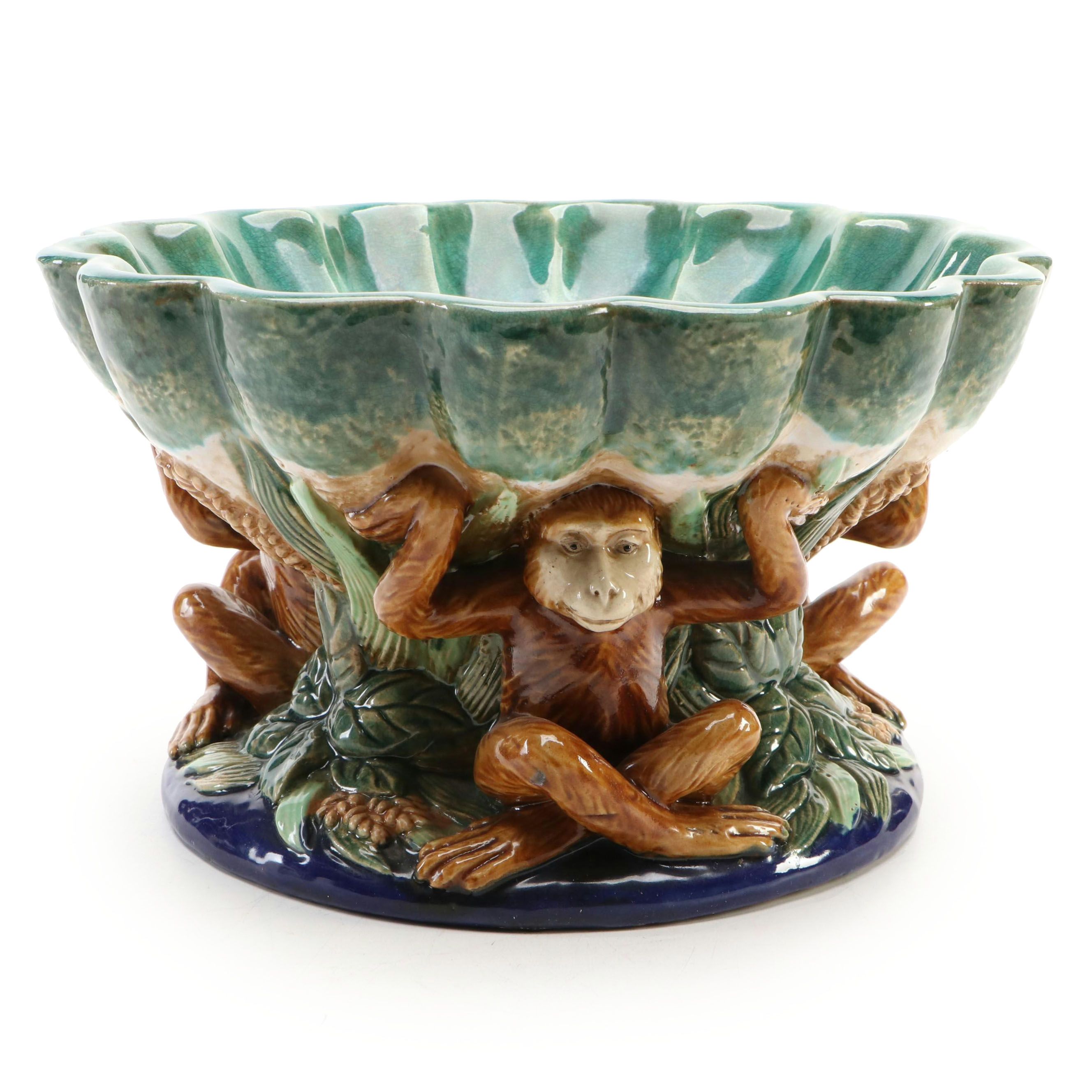 Majolica Style Monkey Centerpiece Bowl