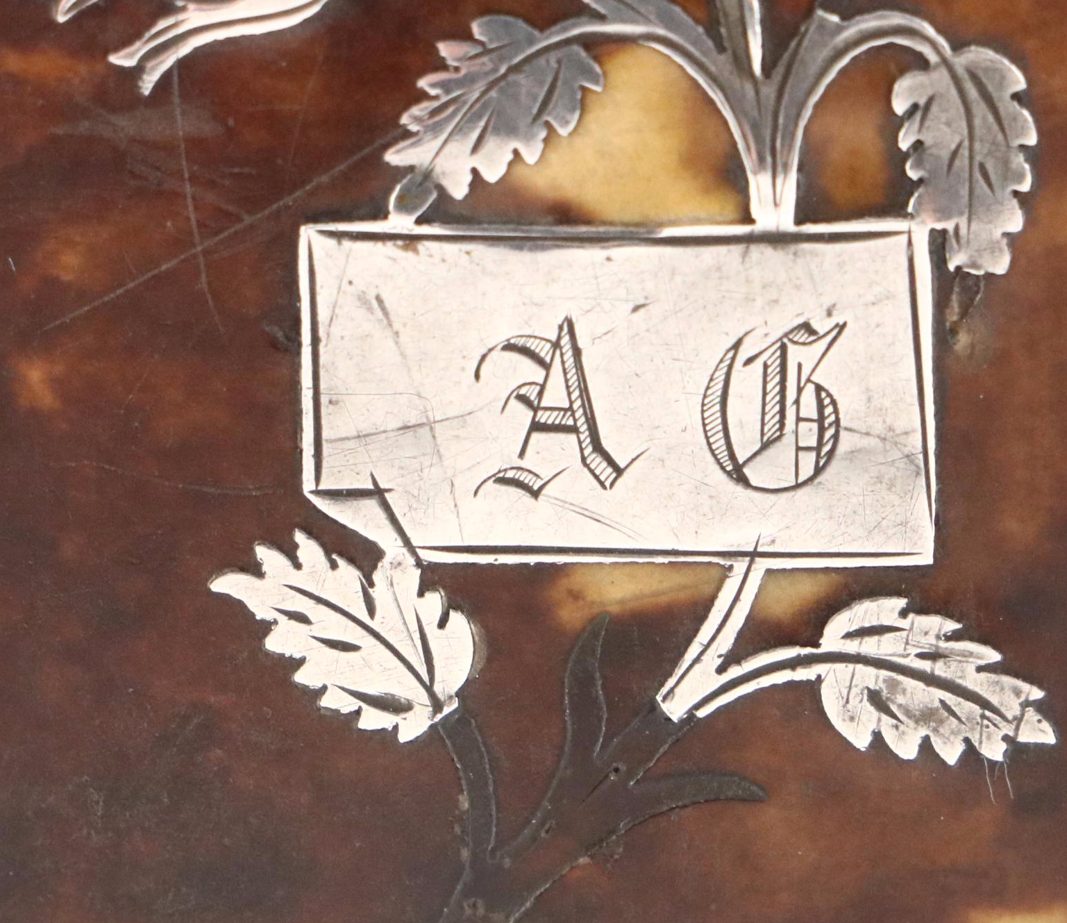 Continental Tortoiseshell and Silver Foliate Inlay Hinged Box, Antique