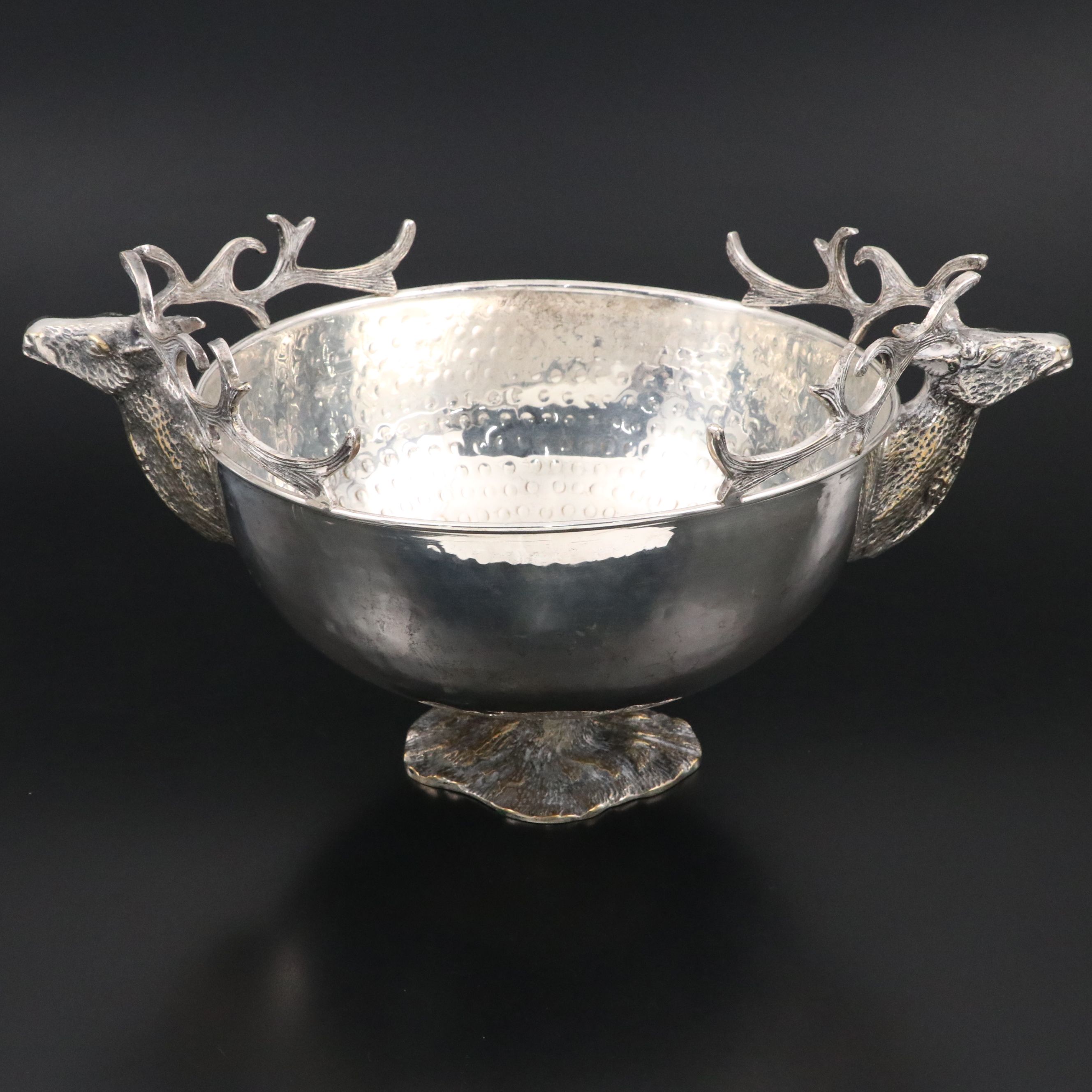 Stag Head Handled Hammered Metal Bowl