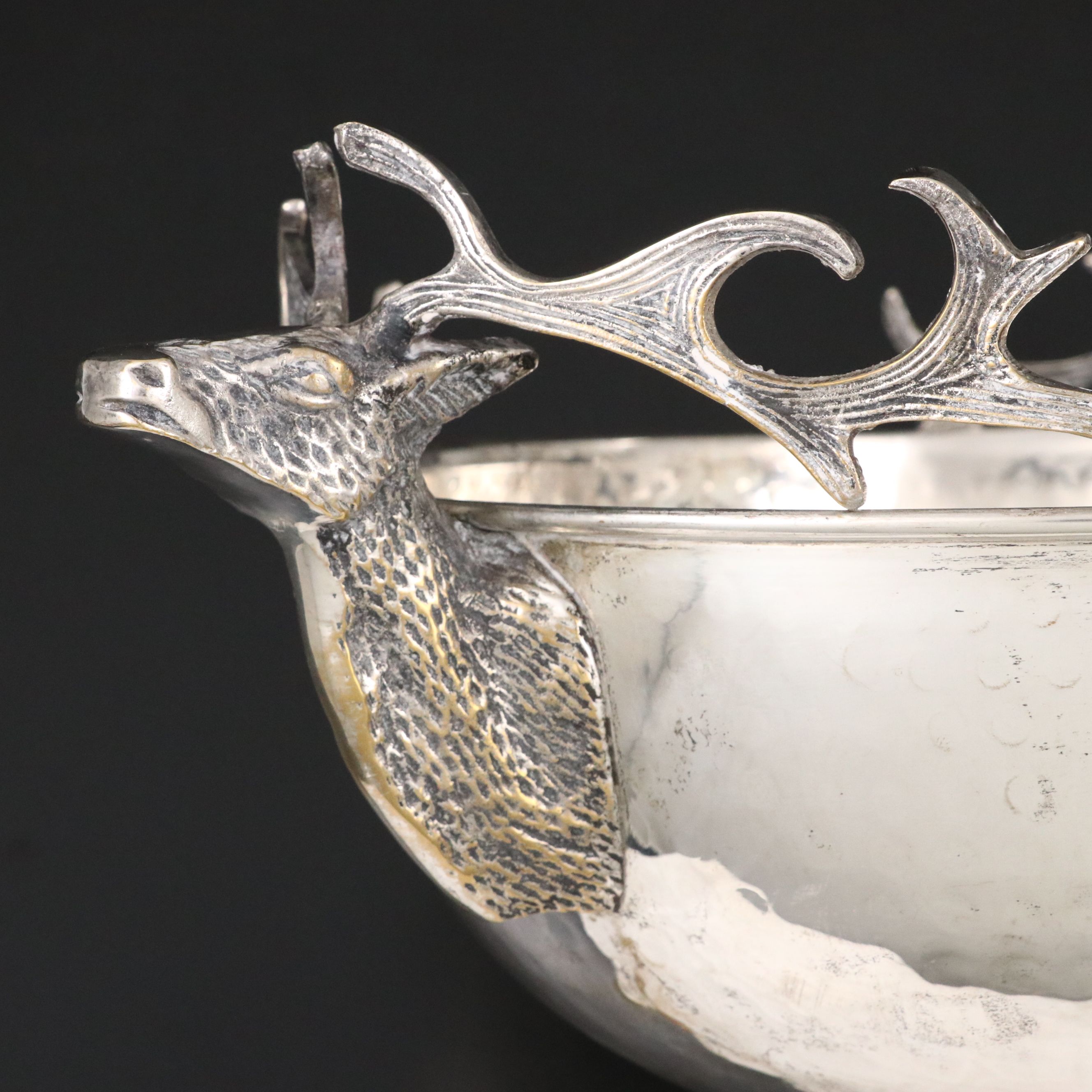Stag Head Handled Hammered Metal Bowl