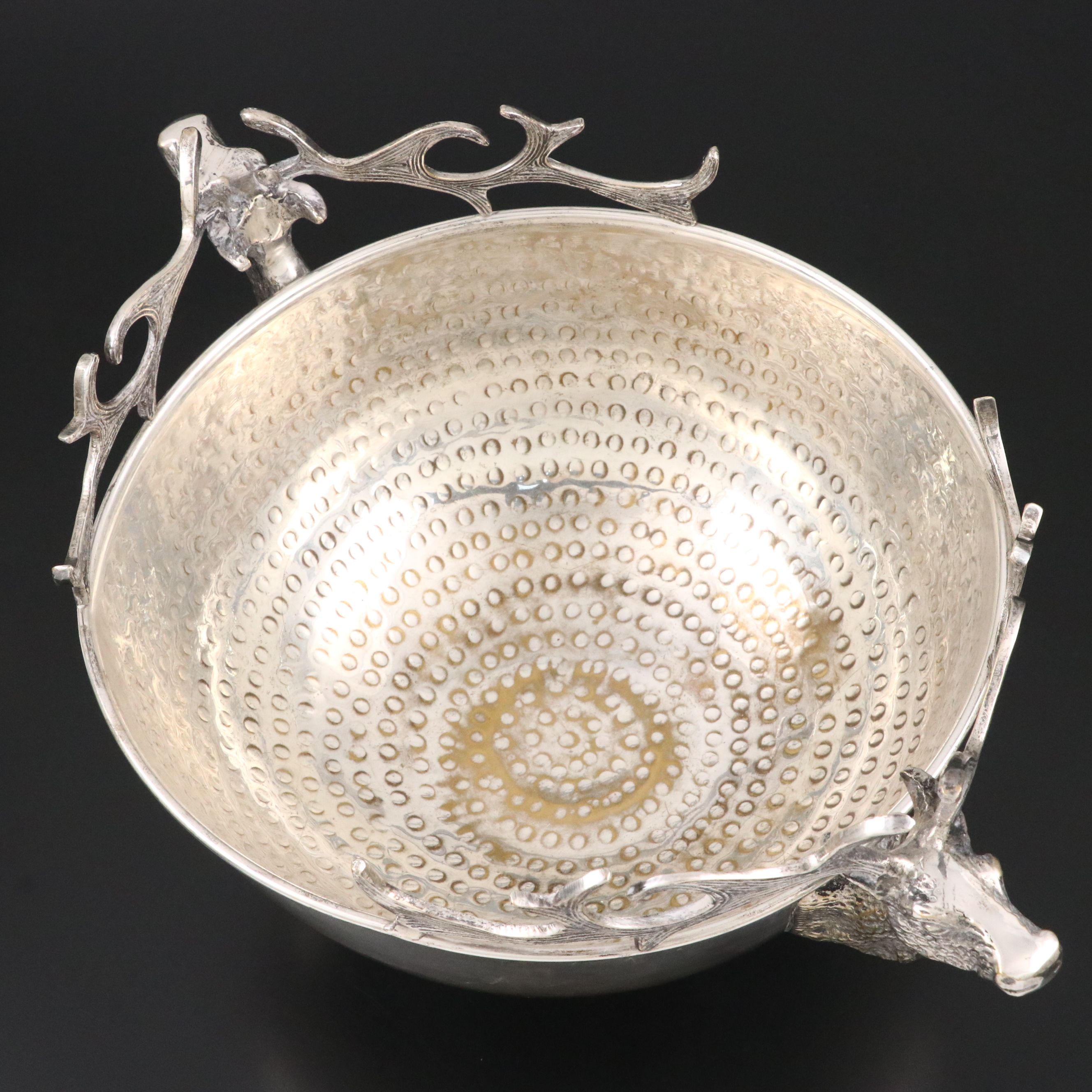 Stag Head Handled Hammered Metal Bowl