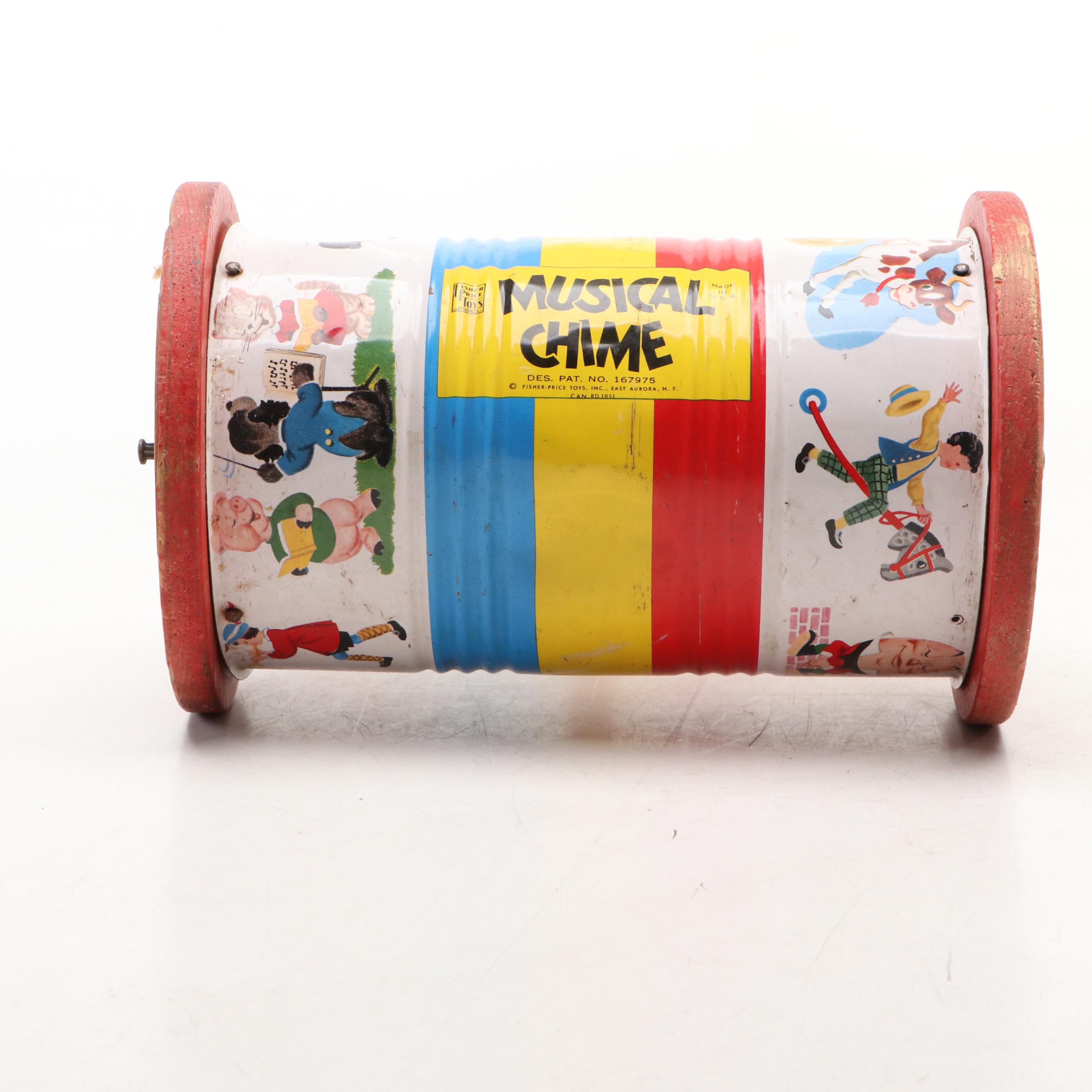 Fisher-Price Musical Push Chime and the Cackling Hen Pull Toys, Mid-20th Century