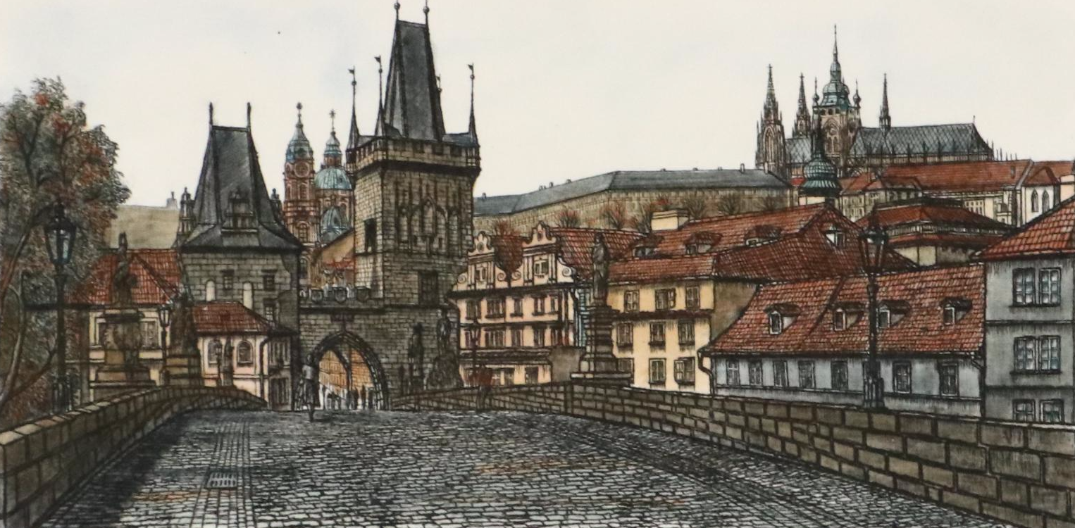 Hand-Colored Etching of Charles Bridge, Prague