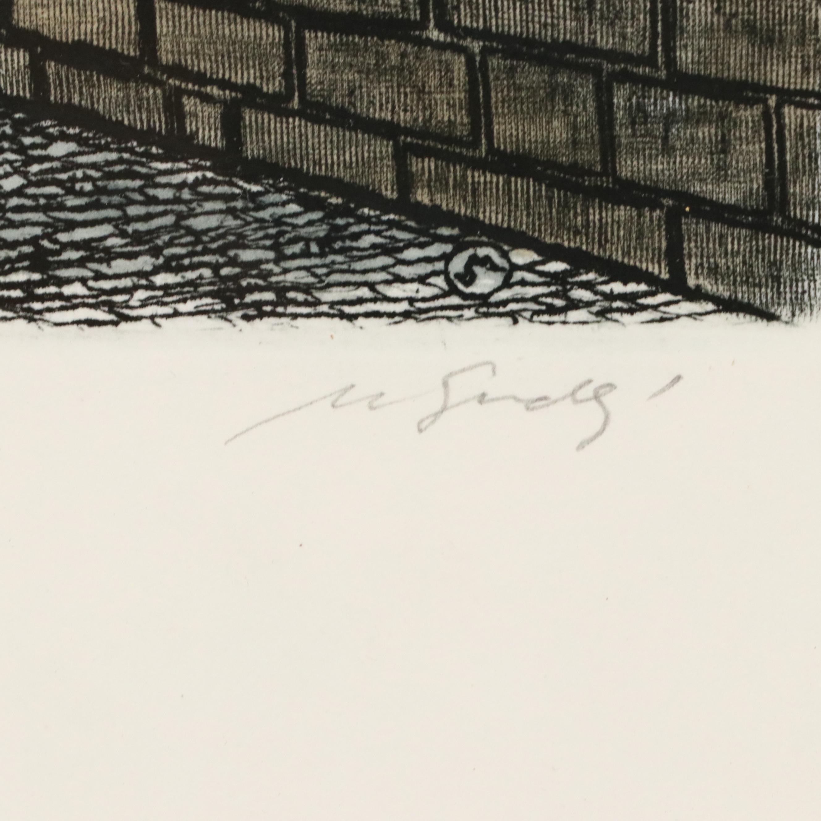 Hand-Colored Etching of Charles Bridge, Prague